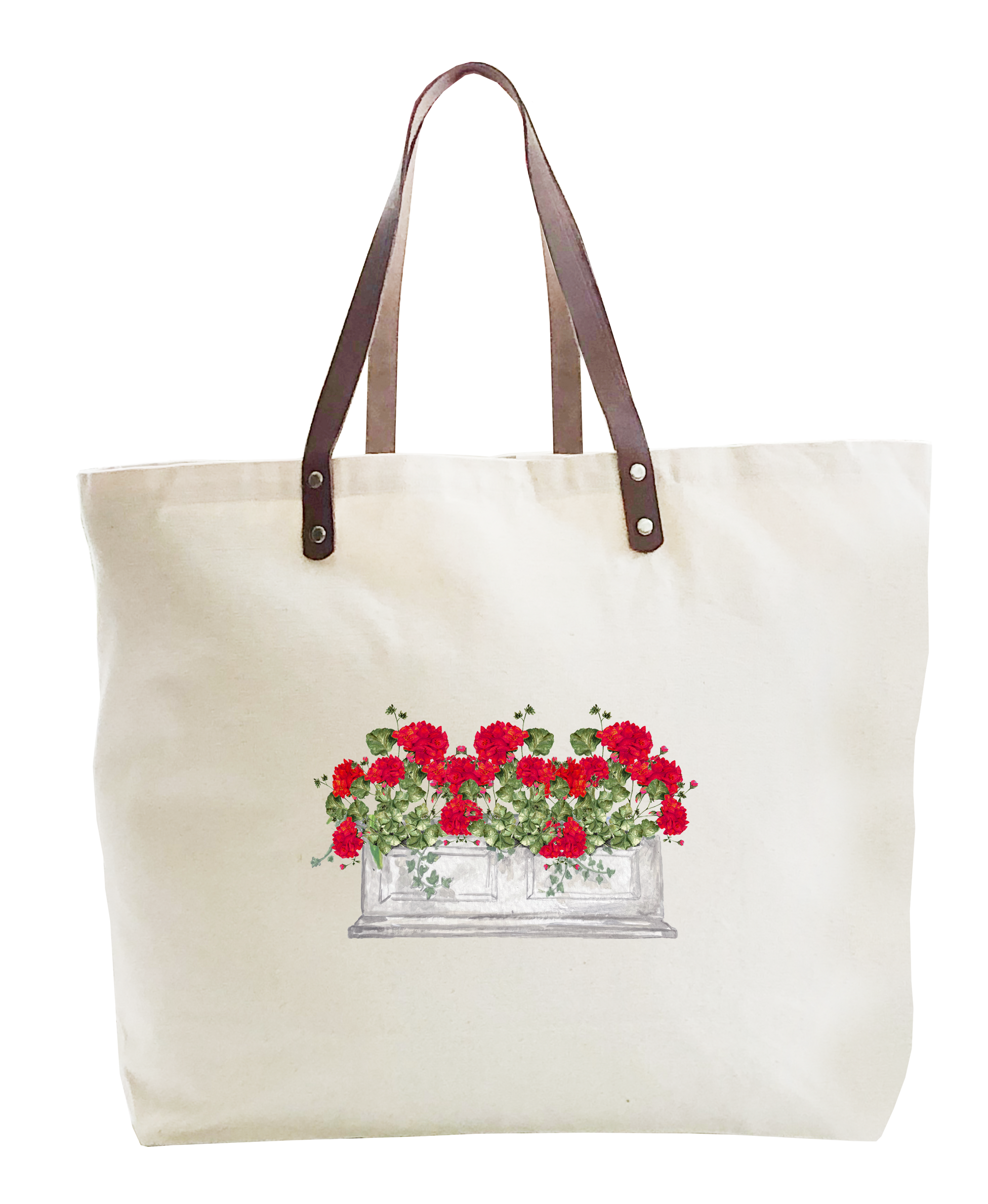 red geranium in white window box large tote