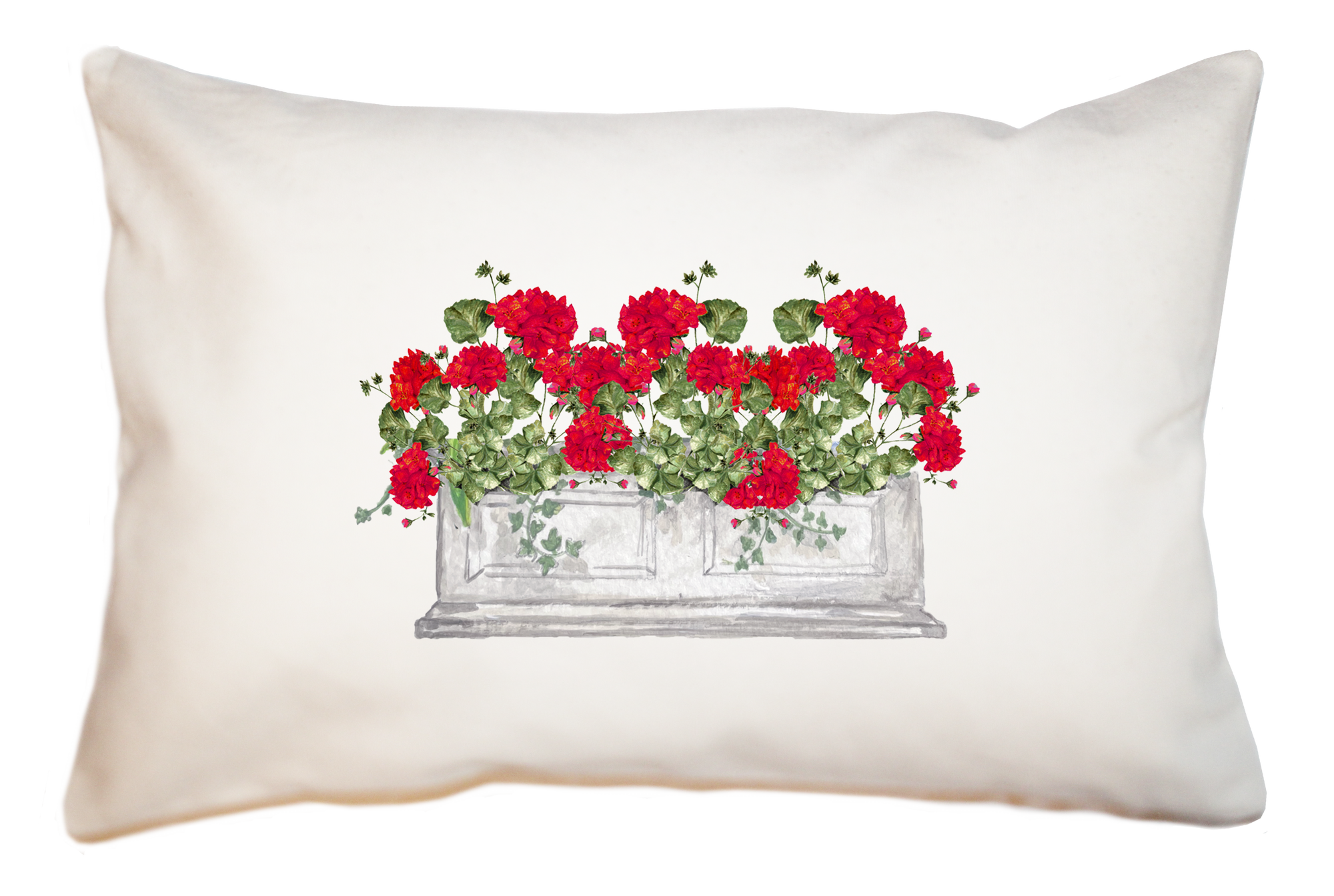 red geranium in white window box large rectangle pillow