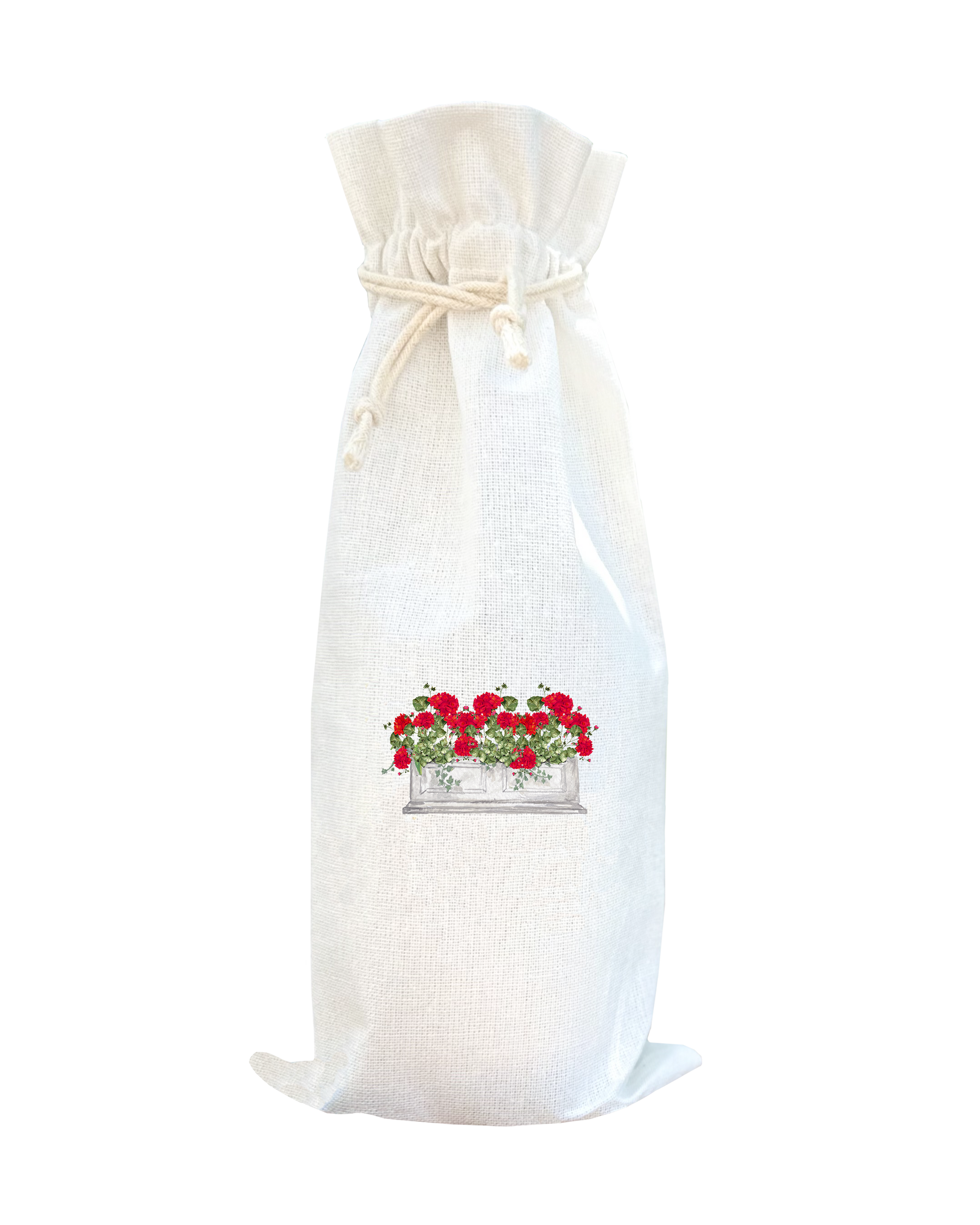 red geranium in white window box wine bag