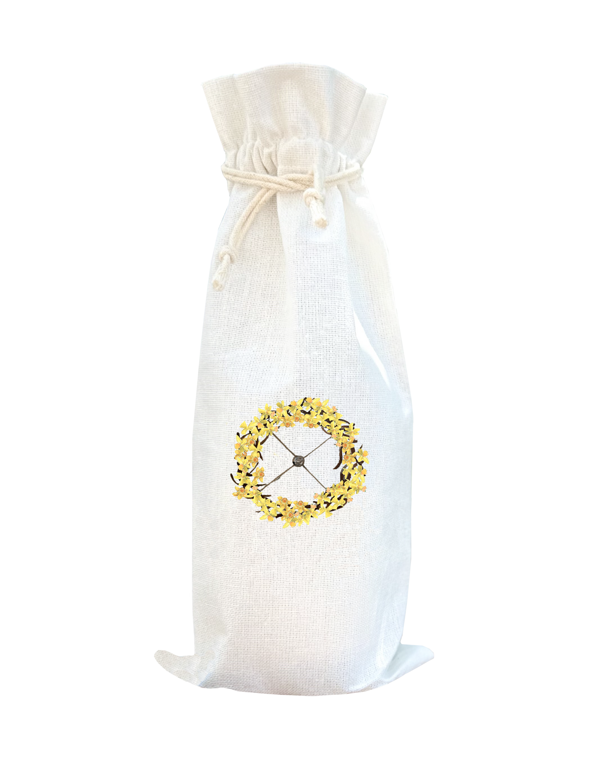 stick wreath with daffodils wine bag