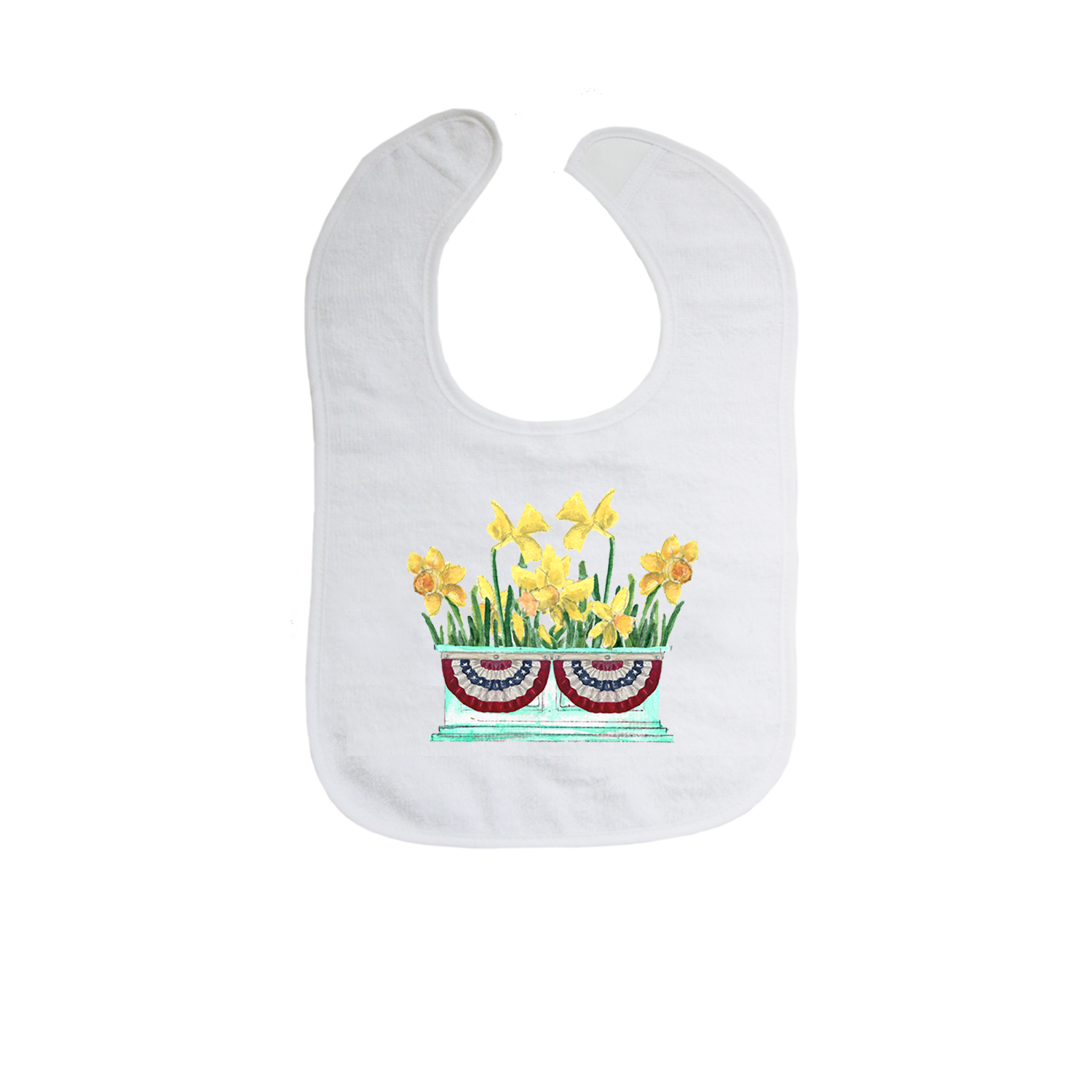 daffodils in flower box with patriotic bunting bib