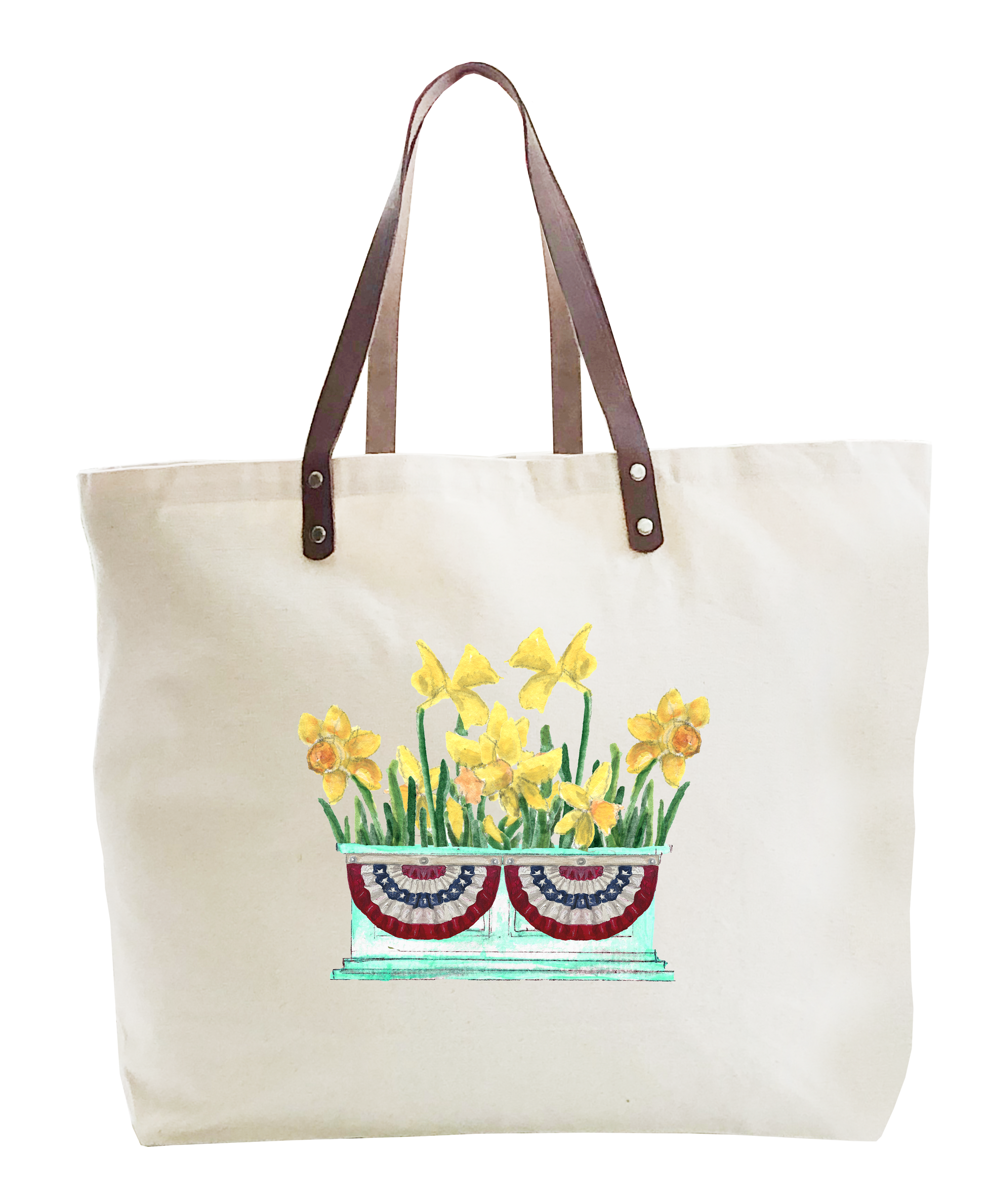 daffodils in flower box with patriotic bunting large tote