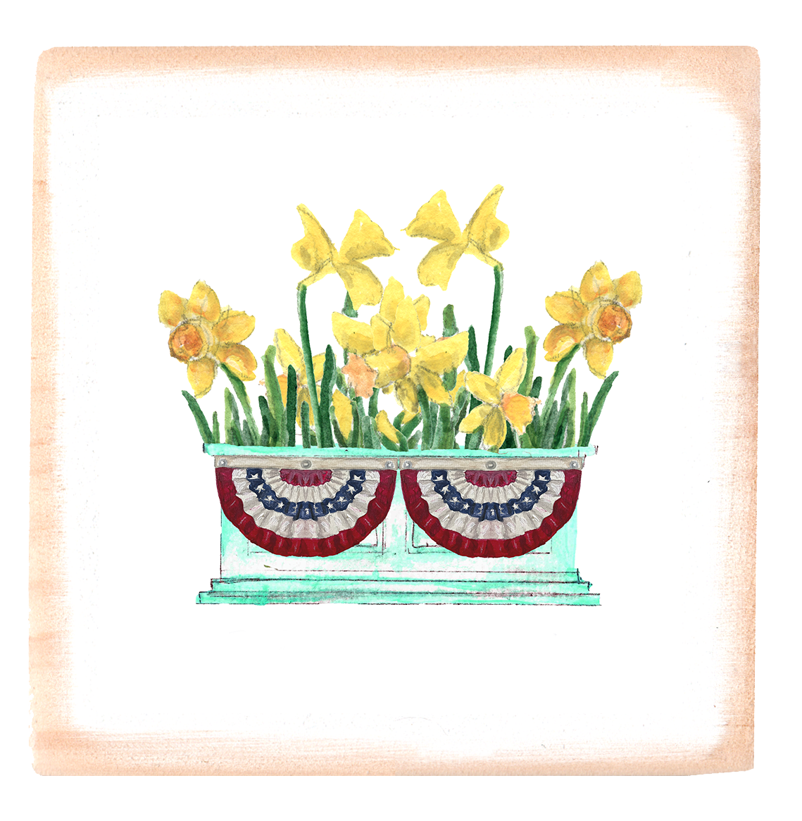 daffodils in flower box with patriotic bunting square block