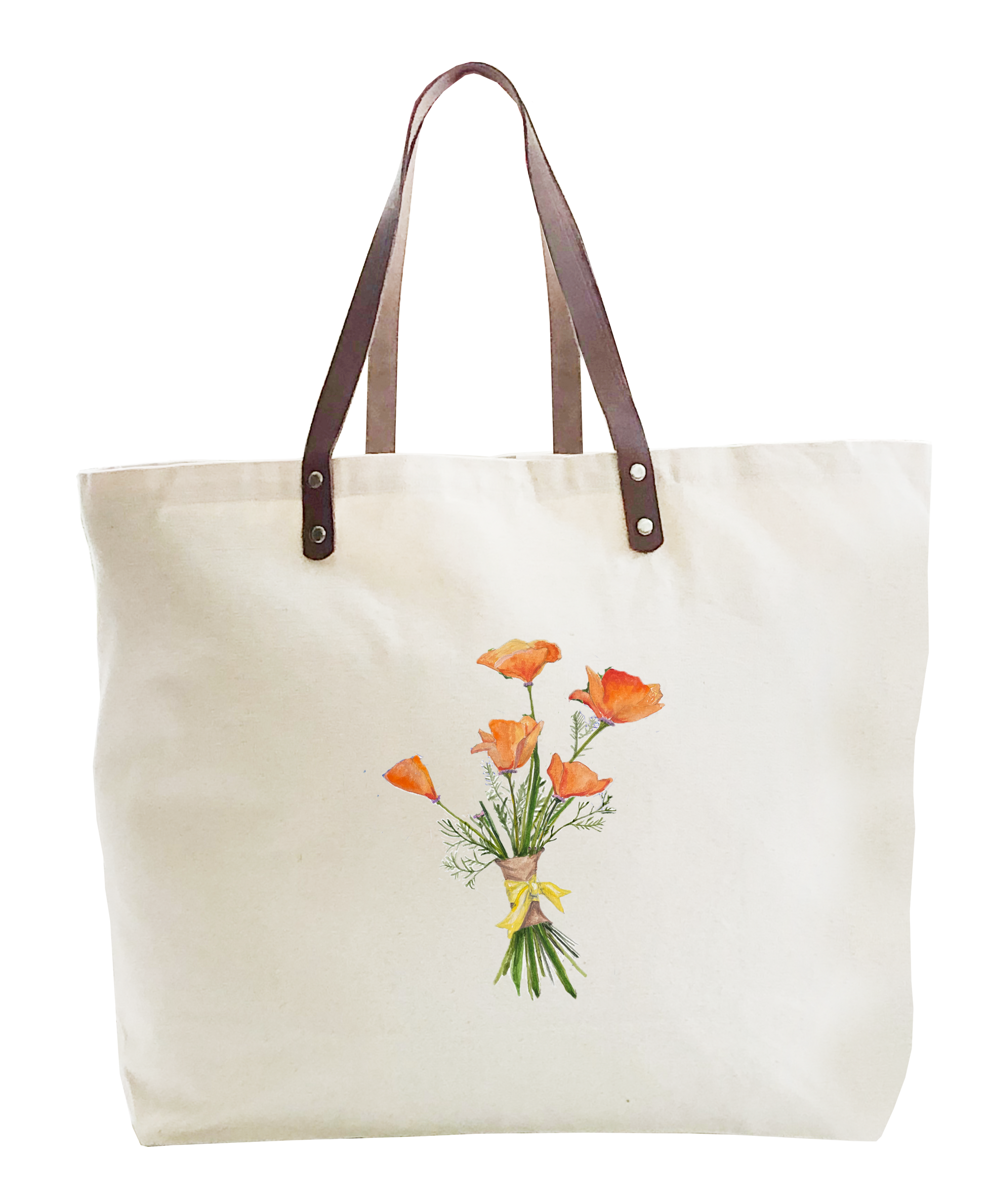 orange poppies with yellow bow large tote