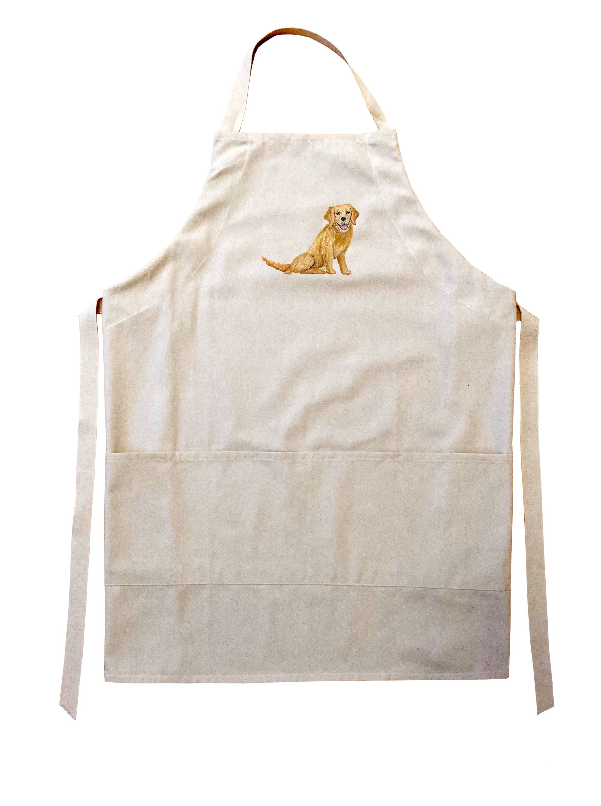 smiling golden retriever sitting apron