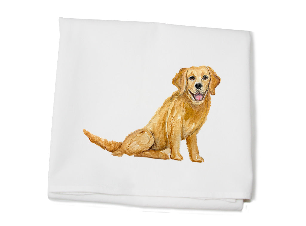 smiling golden retriever sitting flour sack towel