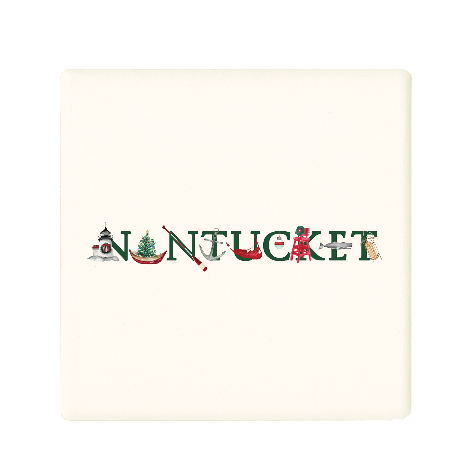 nantucket holiday with green text coaster