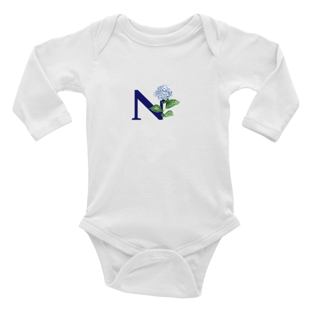 nautical n with hydrangea baby snap up long sleeve
