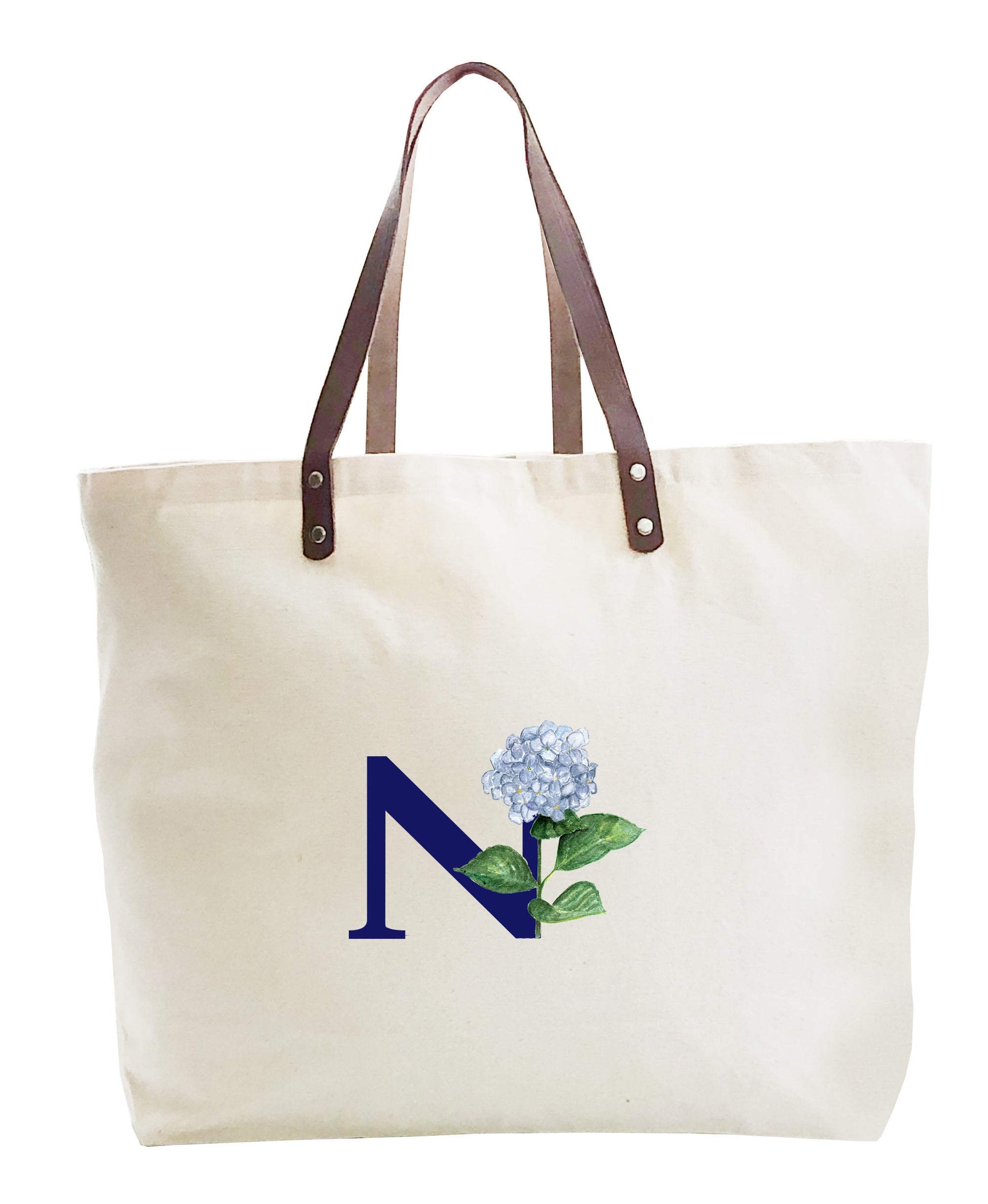 nautical n with hydrangea large tote