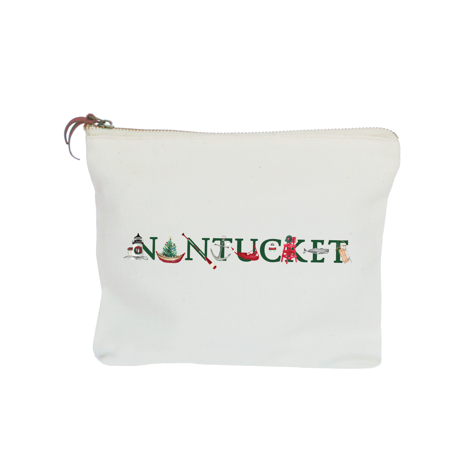 nantucket holiday with green text zipper pouch