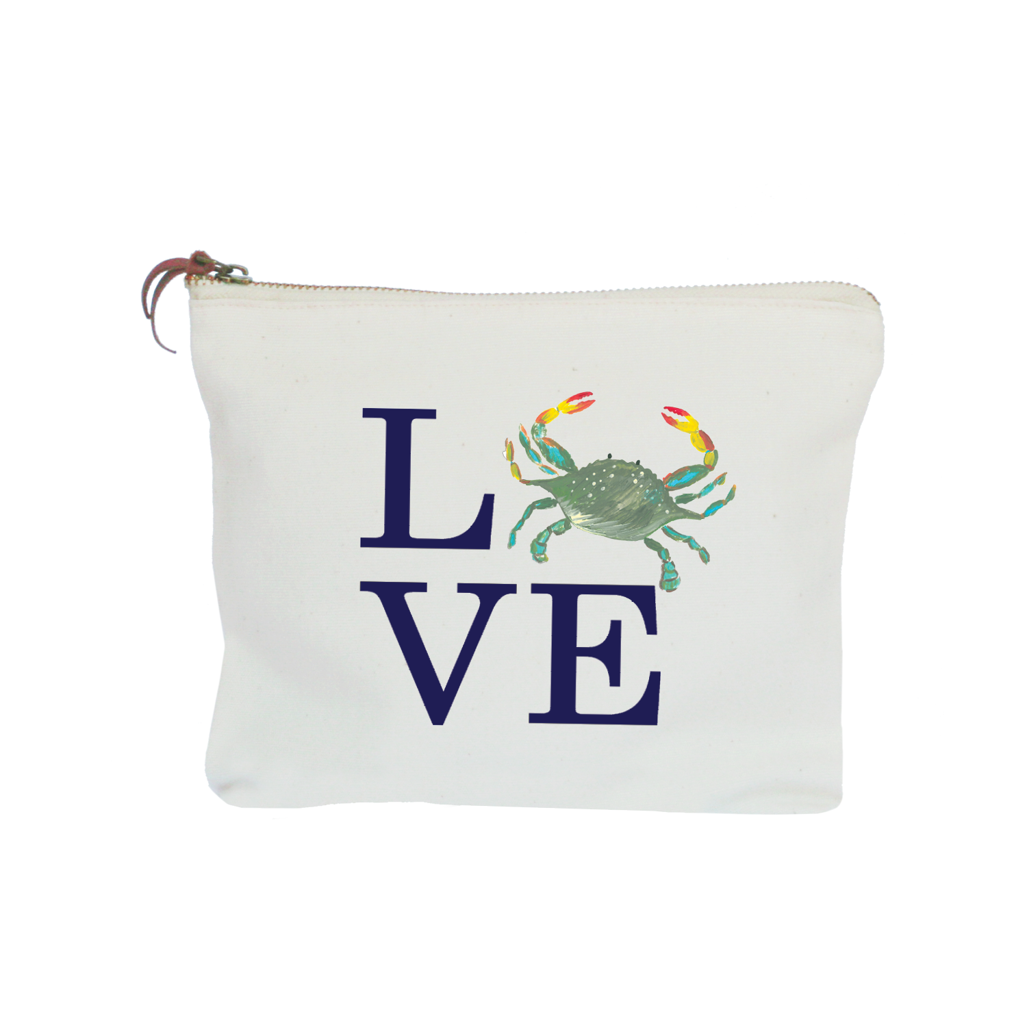 love crab with navy zipper pouch