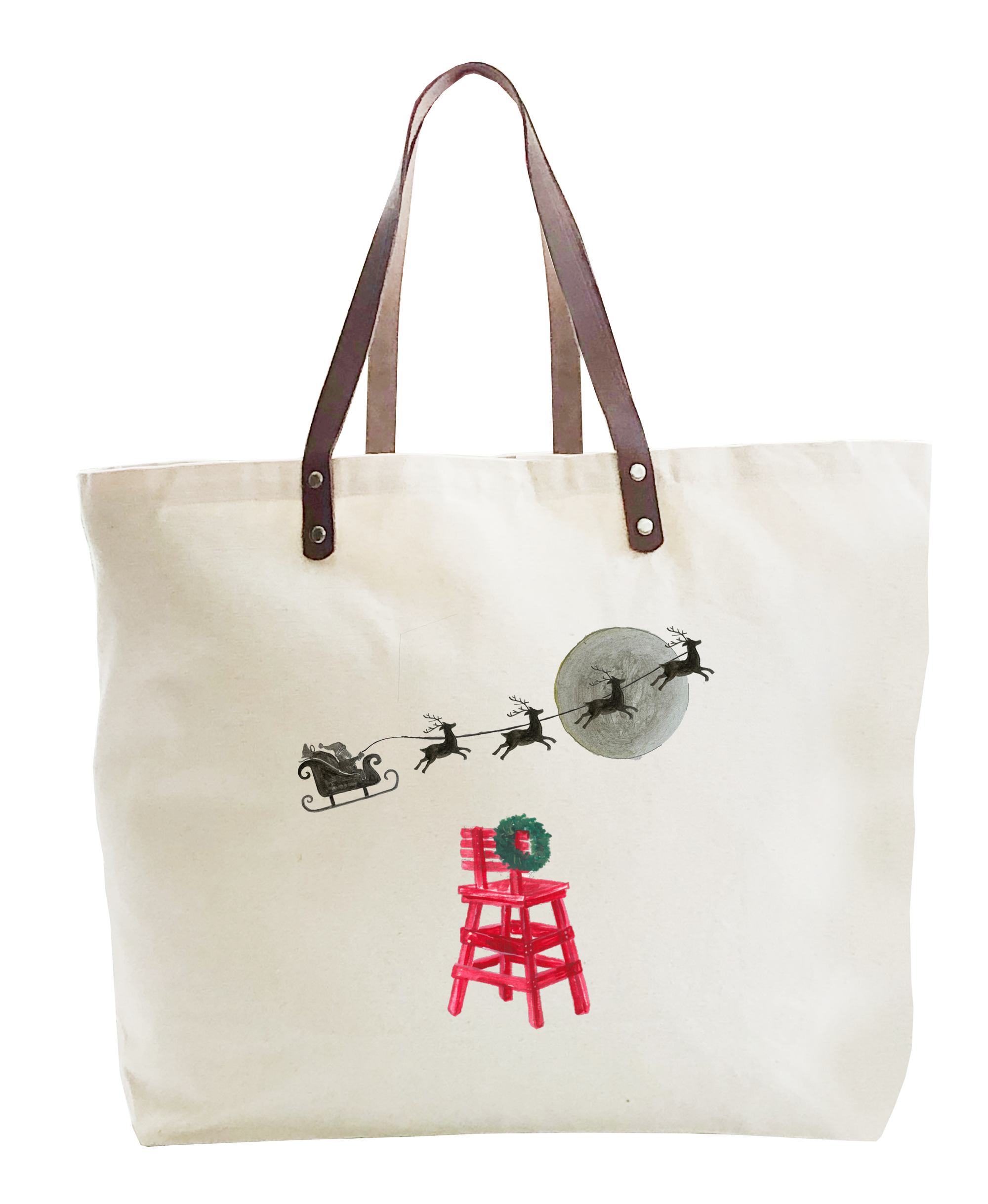 santa sleigh and red lifeguard chair large tote