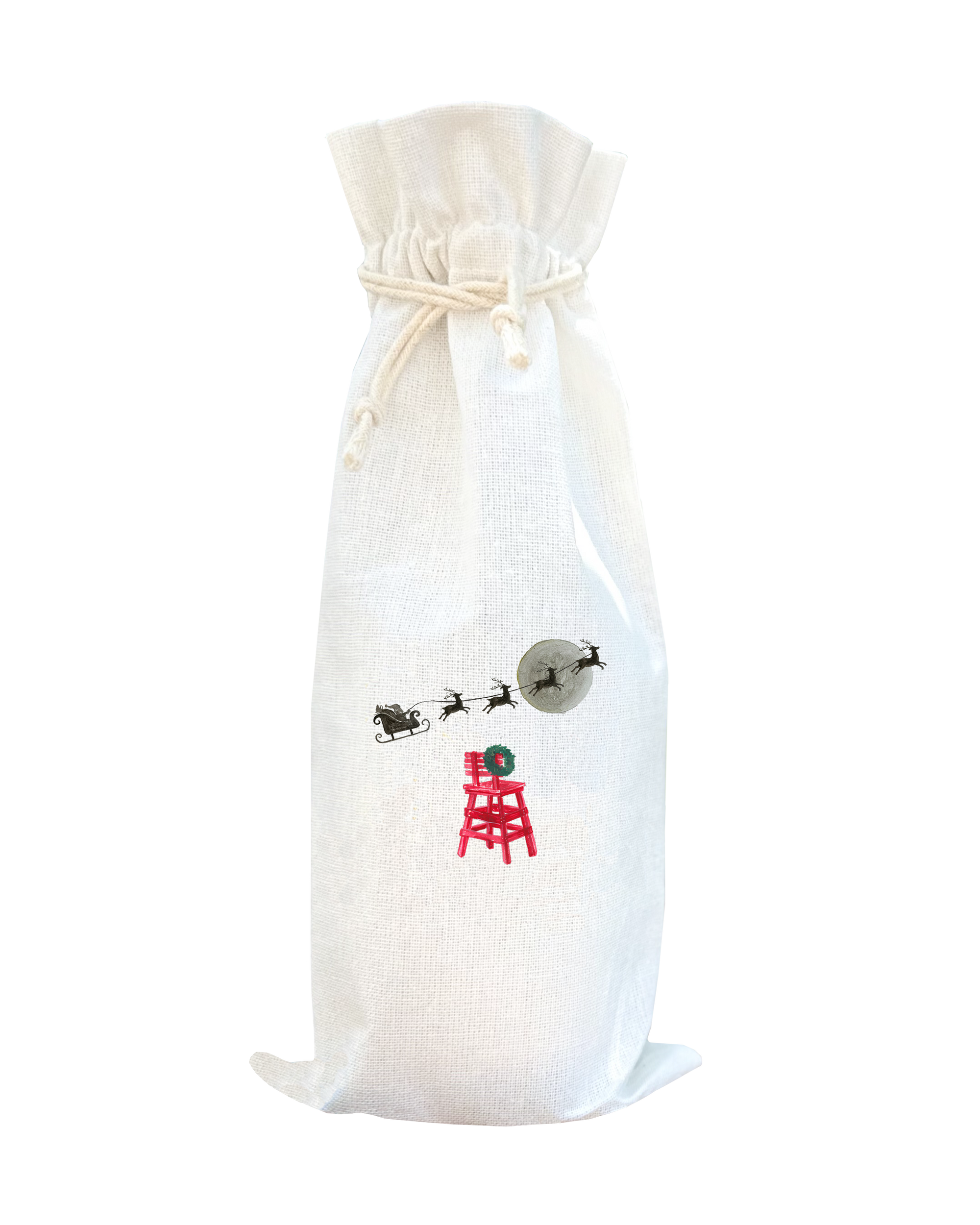 santa sleigh and red lifeguard chair wine bag