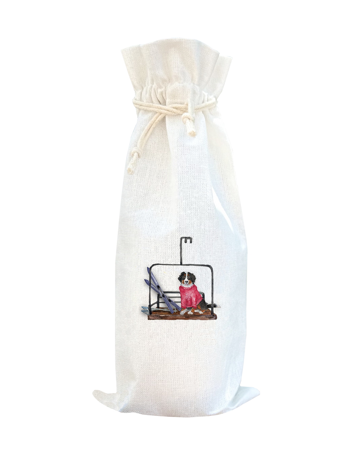 White drawstring bag with a printed design of a dog on a chair on a white background