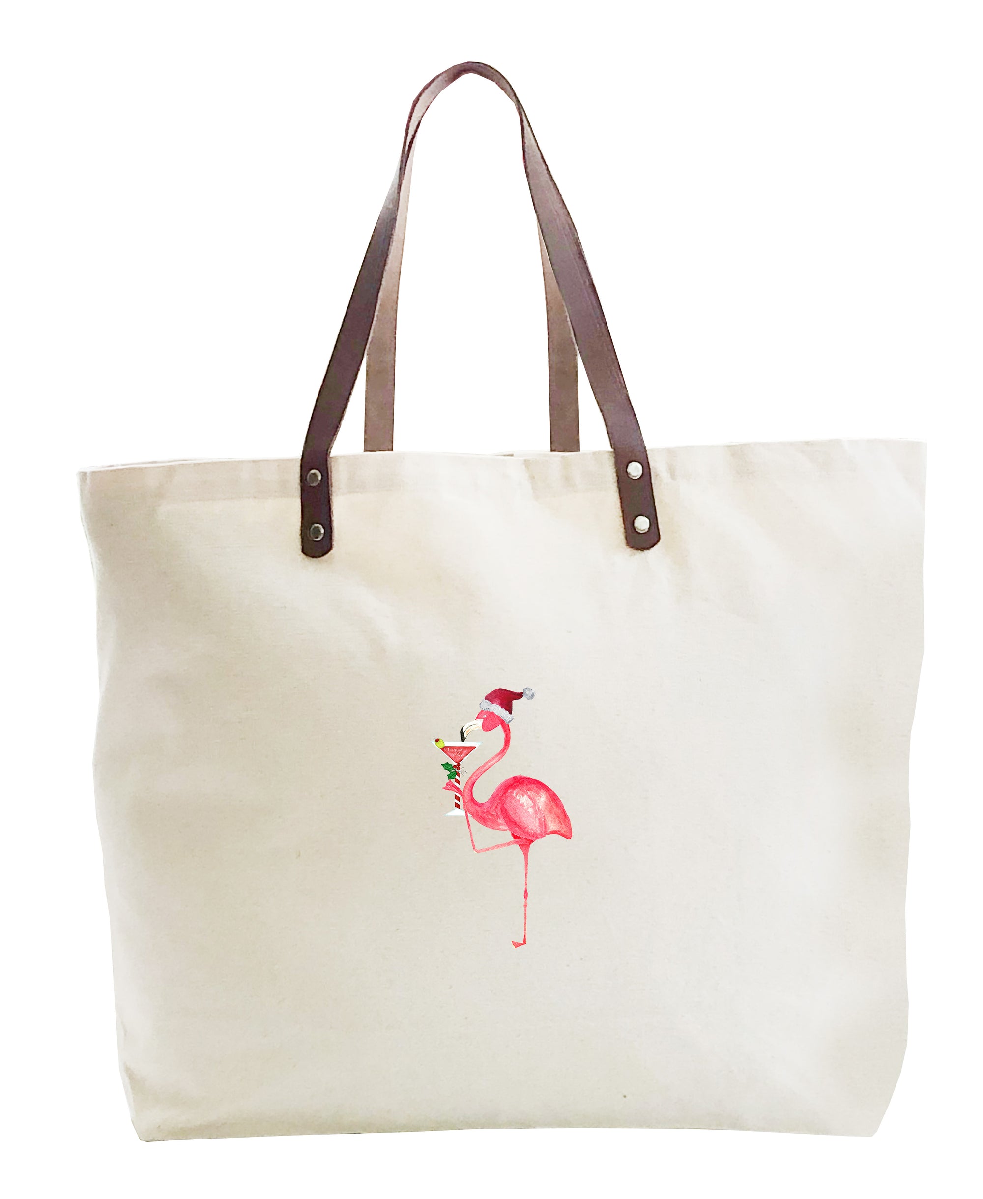 one christmas flamingo with martini large tote