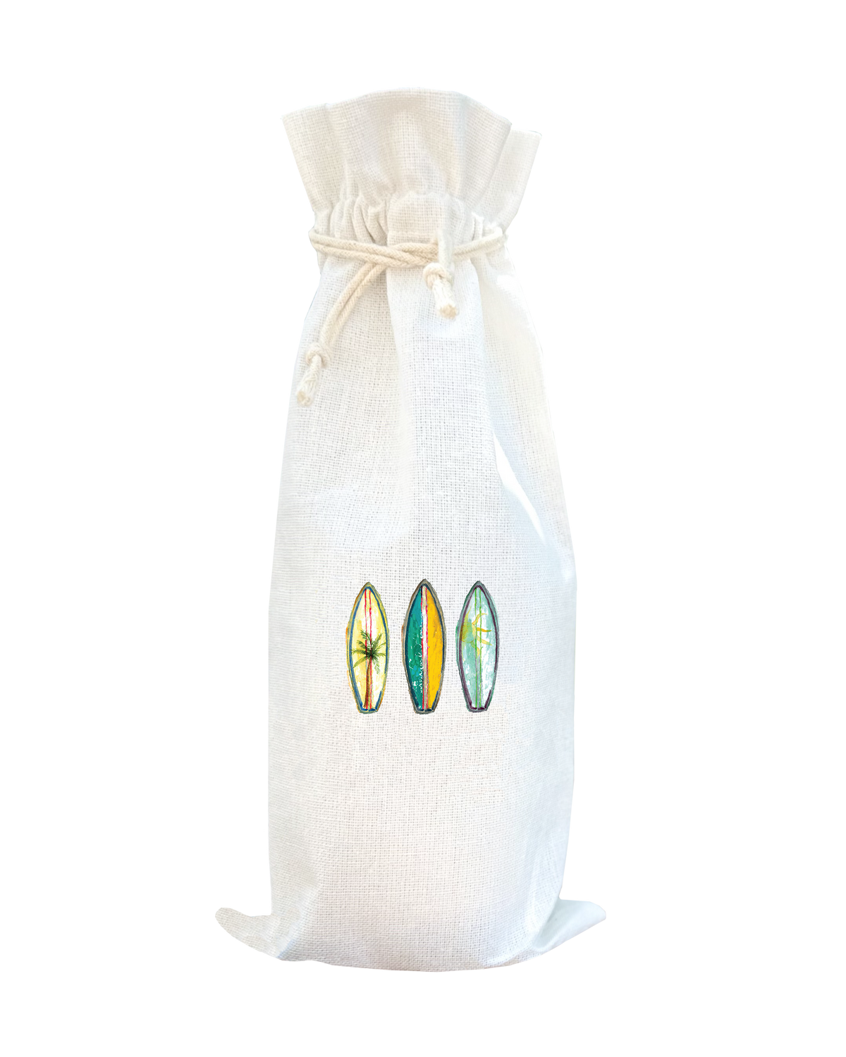White drawstring bag with three colorful leaf designs on a white background