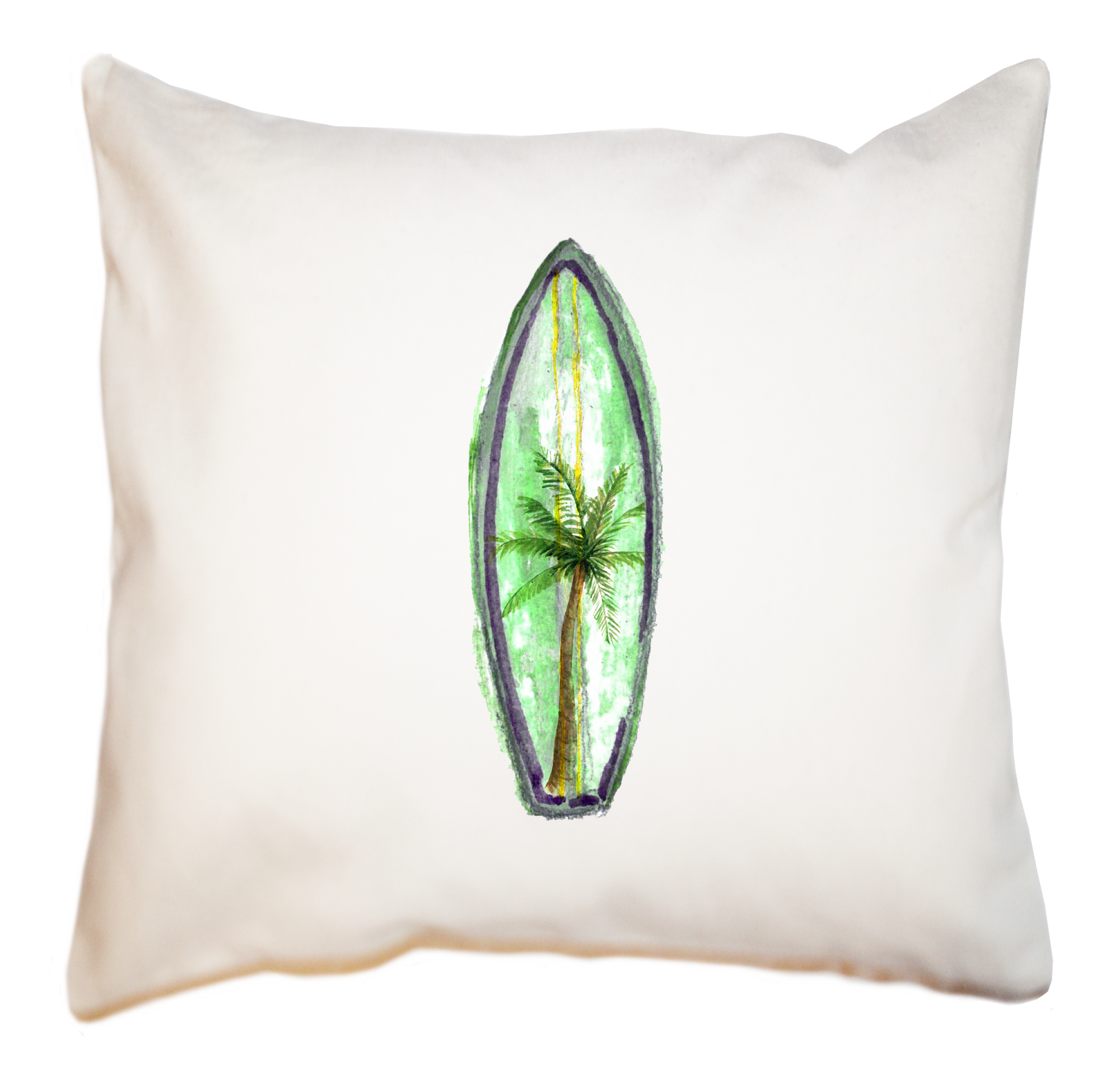 surfboard seafoam with palm tree square pillow