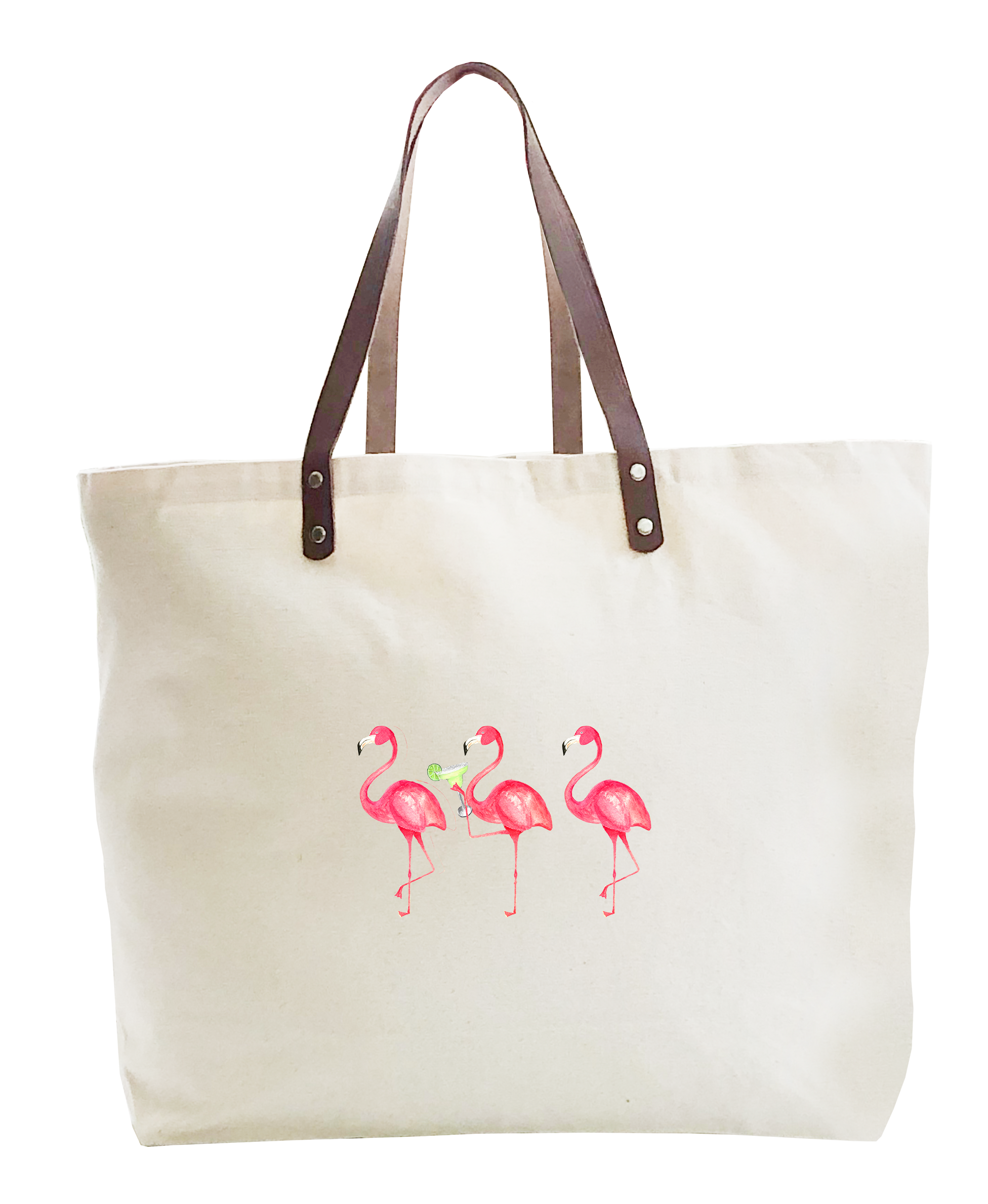 three flamingos drinking large tote