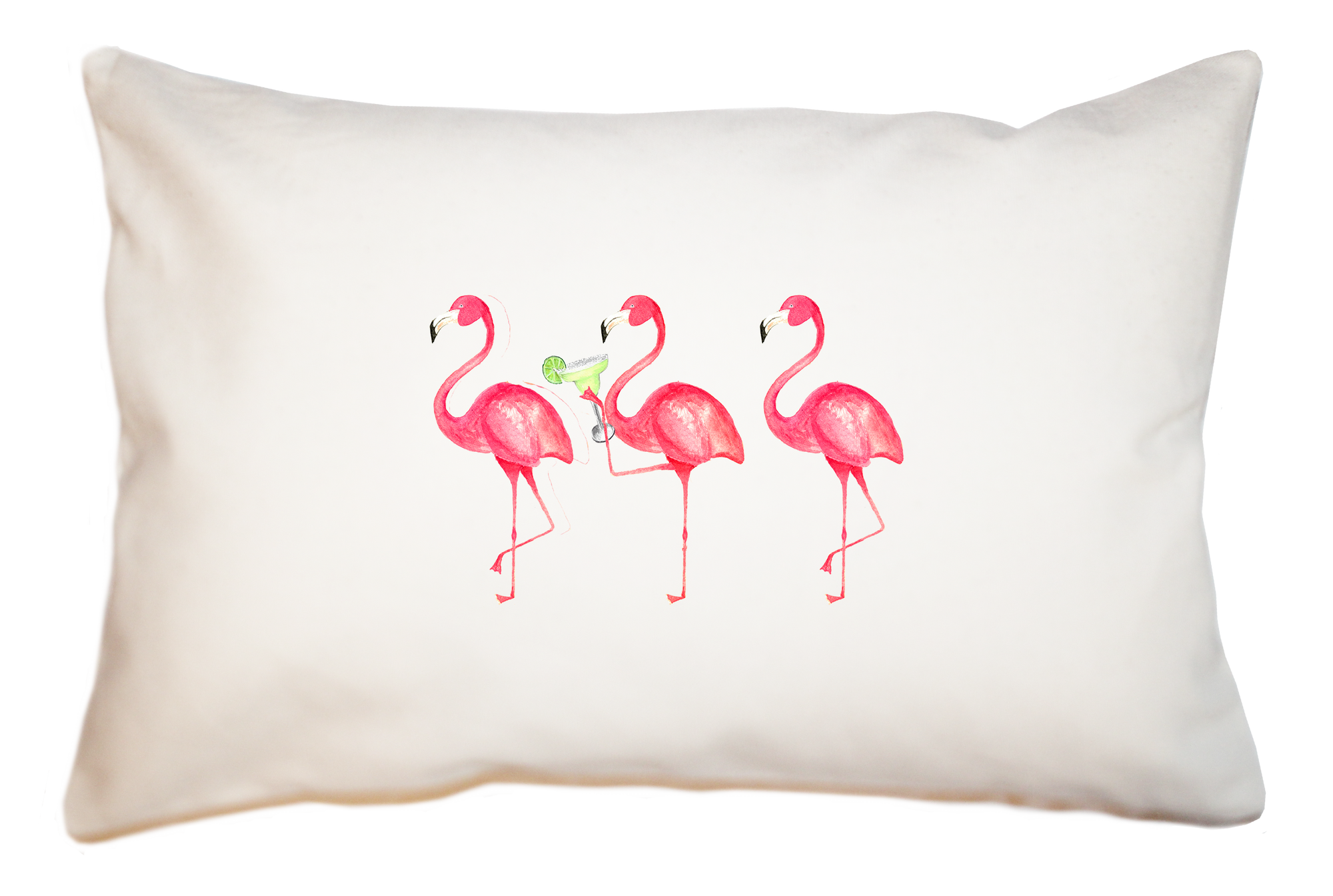 three flamingos drinking large rectangle pillow