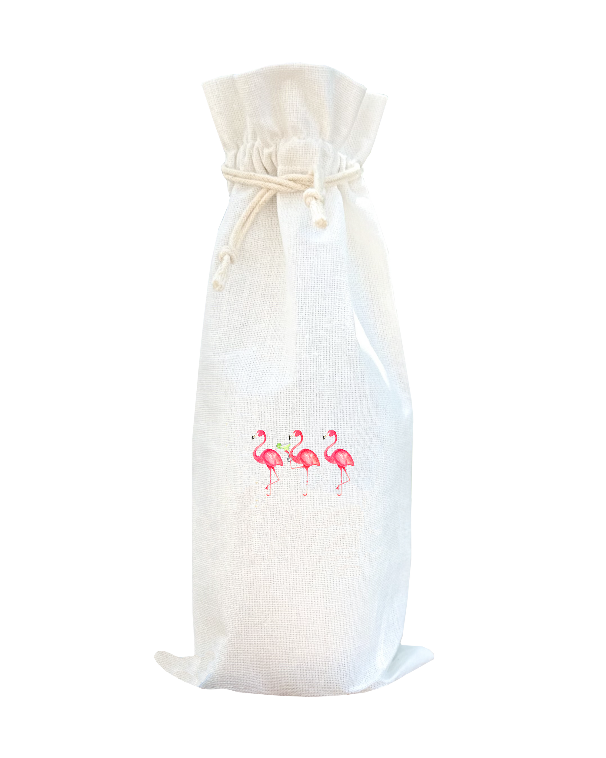 three flamingos drinking wine bag