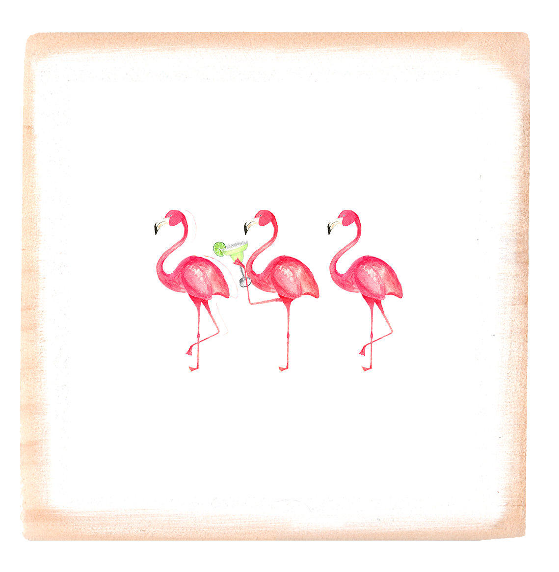 three flamingos drinking square block