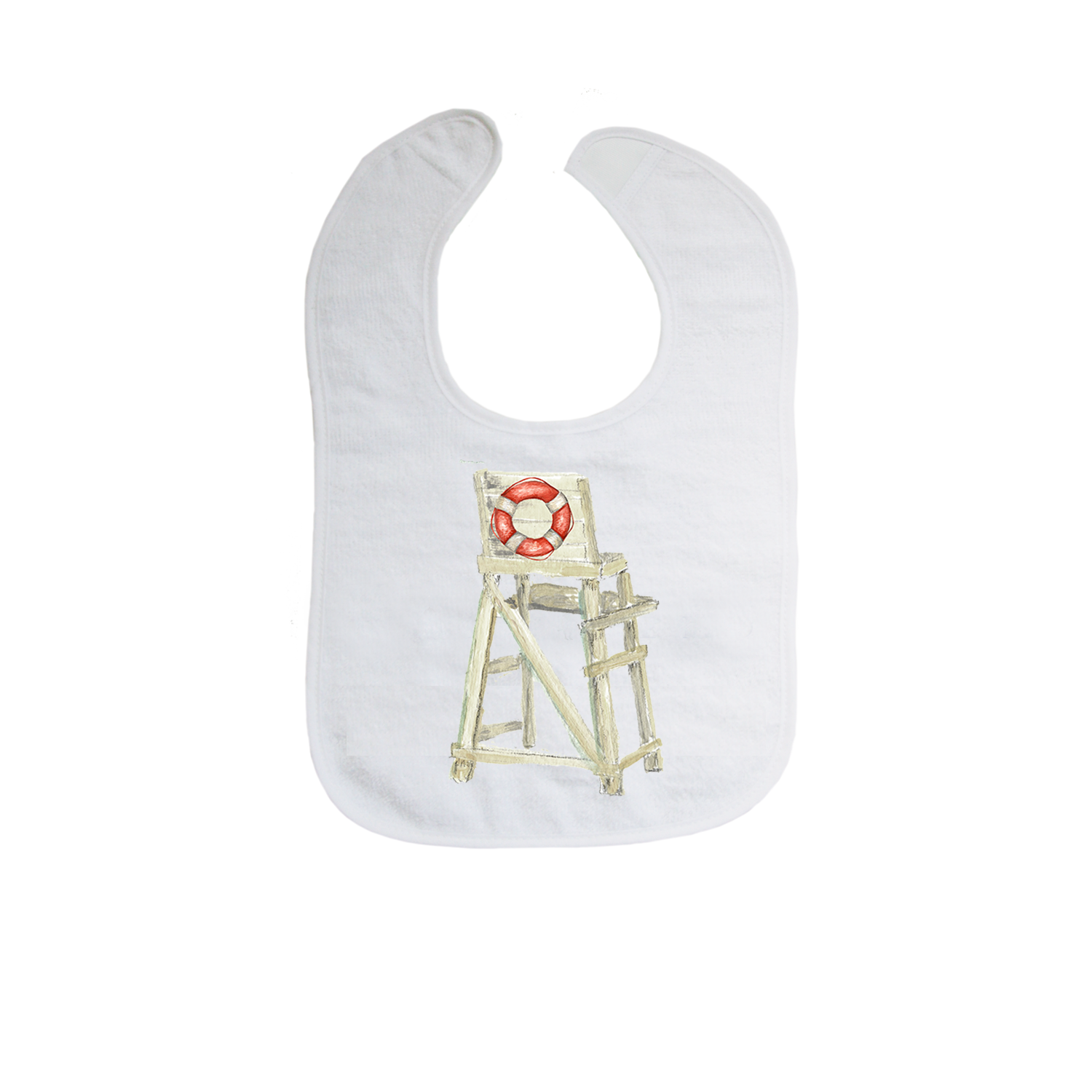 white lifeguard chair with rescue ring bib