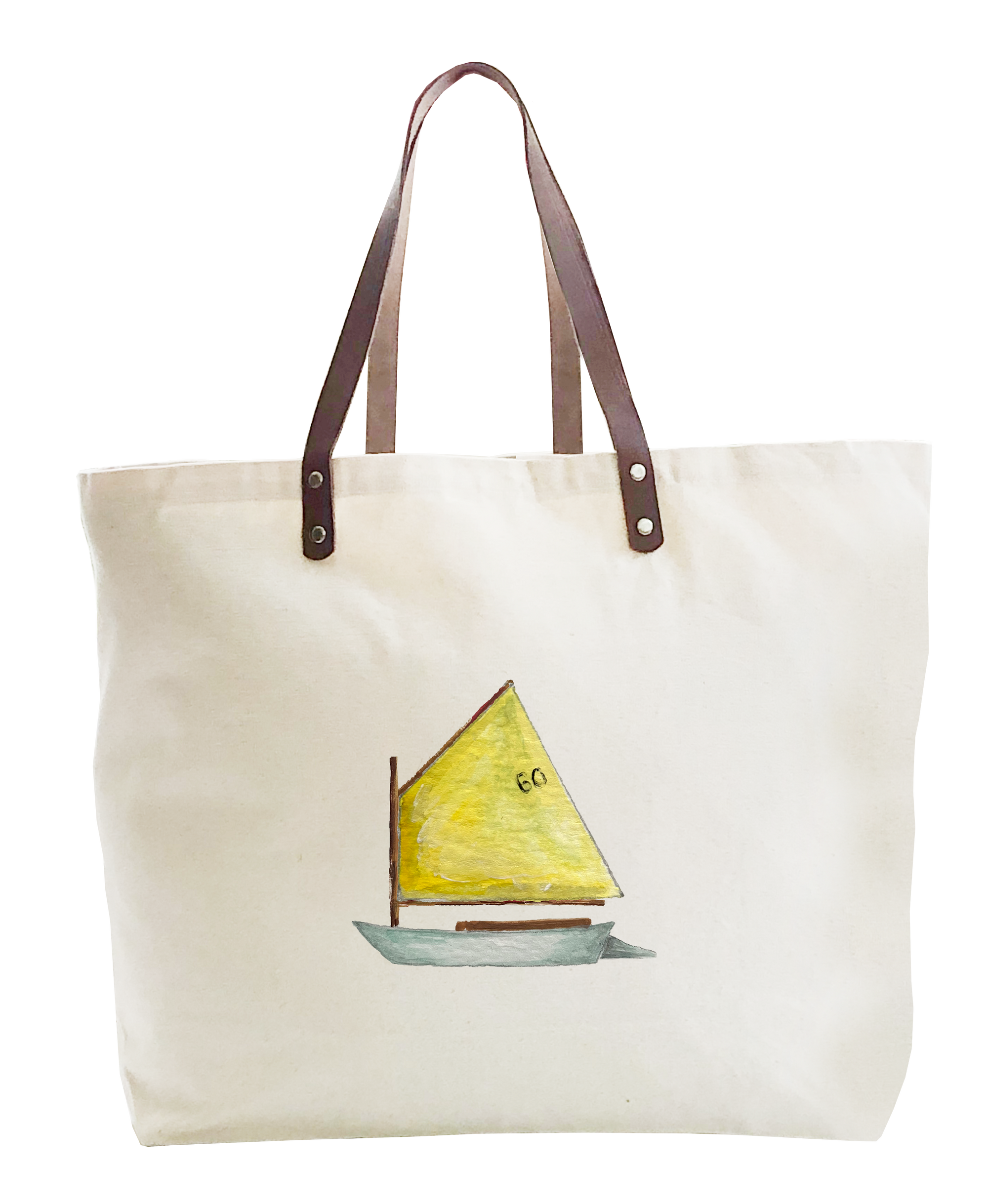 rainbow fleet with yellow sail large tote