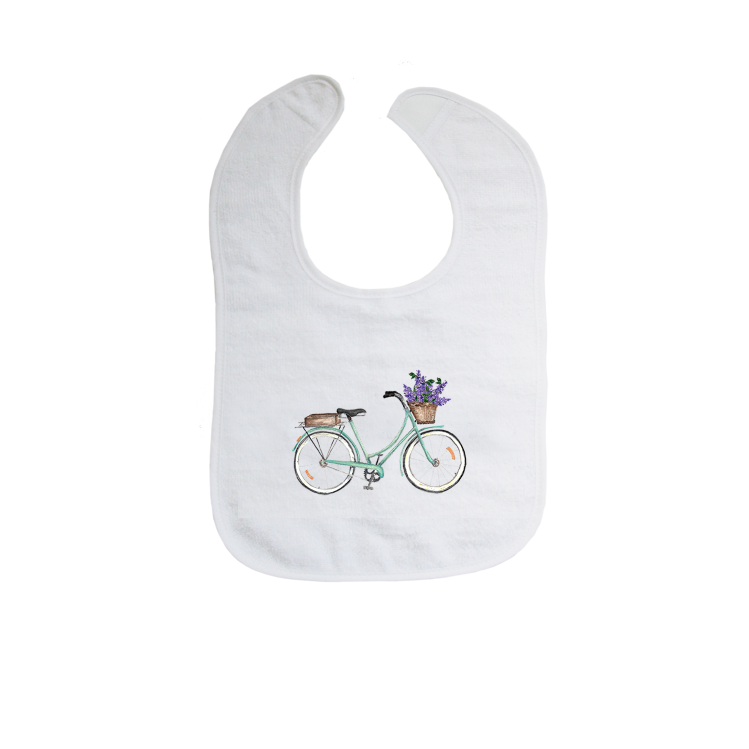 seafoam bike with lilacs bib