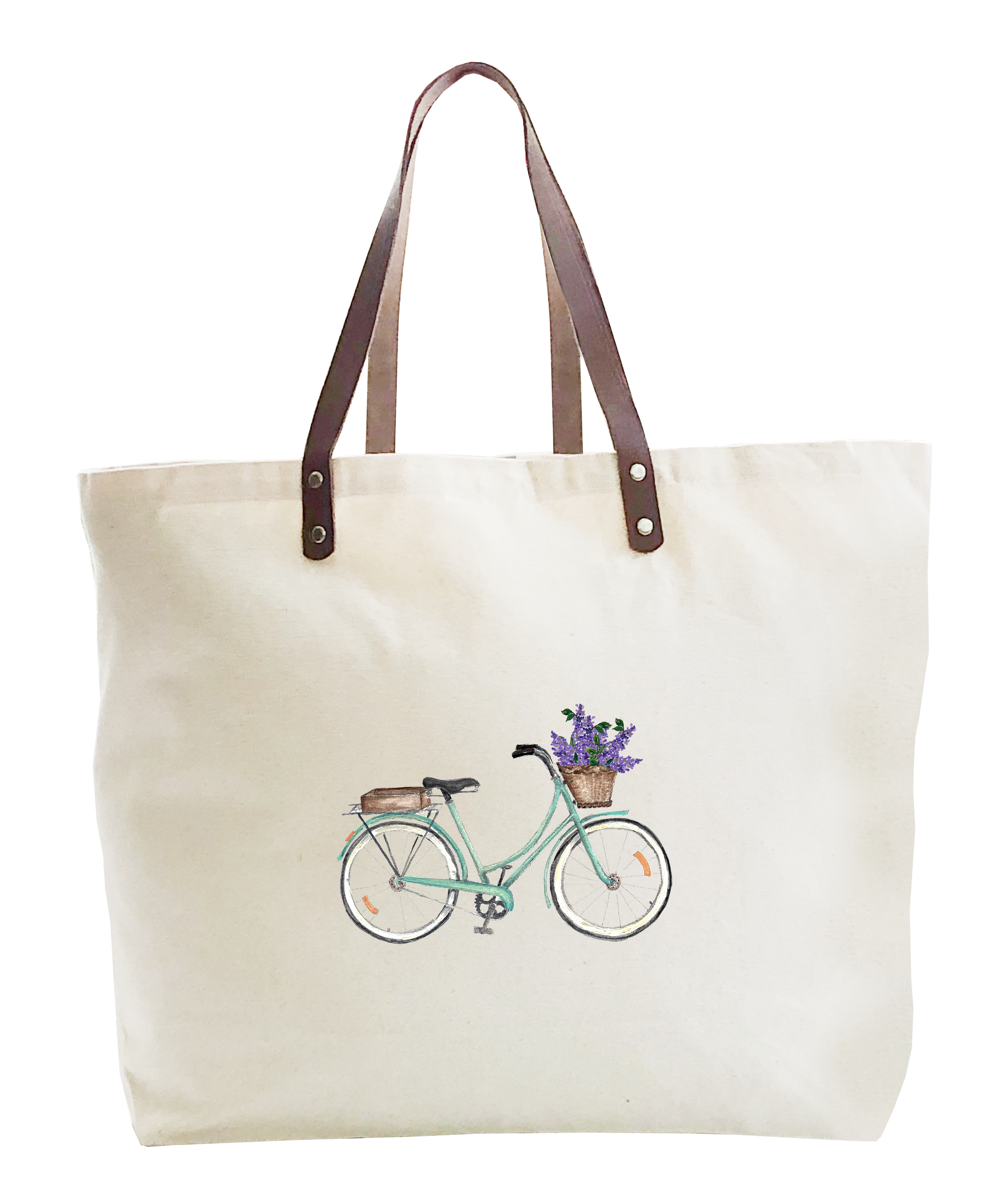 seafoam bike with lilacs large tote