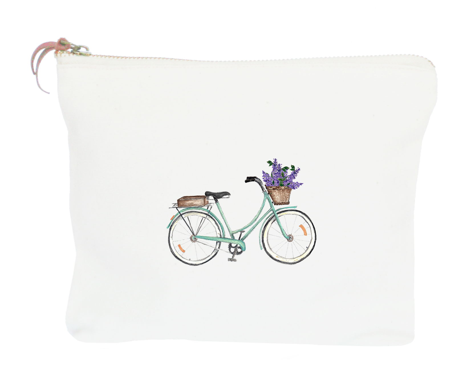 seafoam bike with lilacs zipper pouch