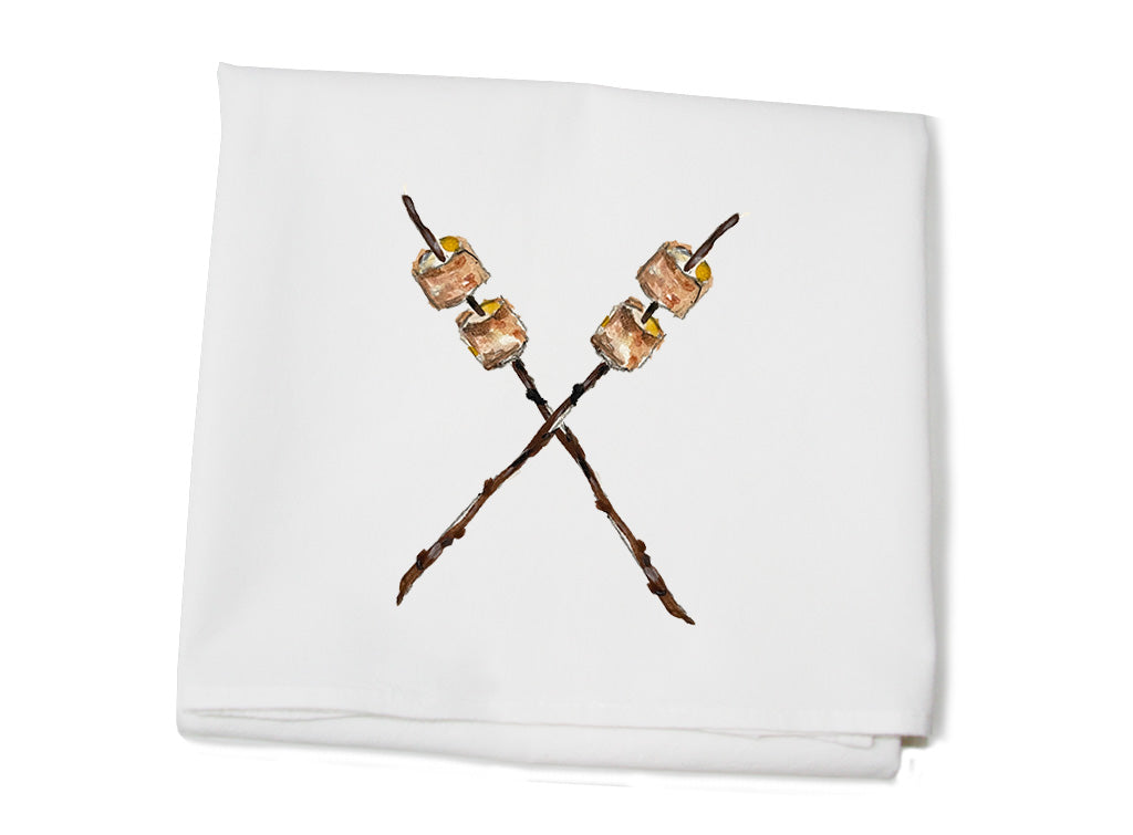 marshmallows on sticks flour sack towel