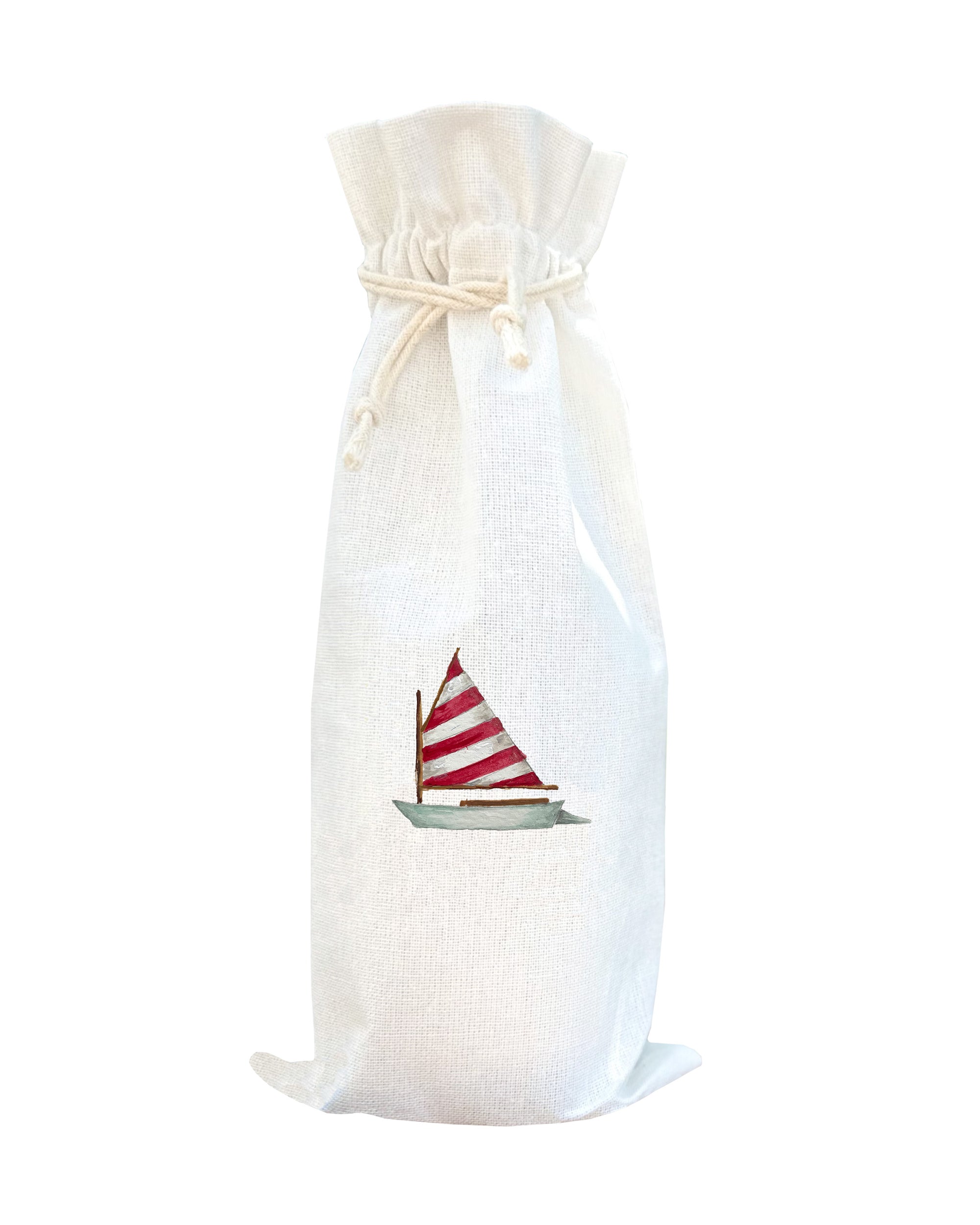dingy red and white striped sail wine bag