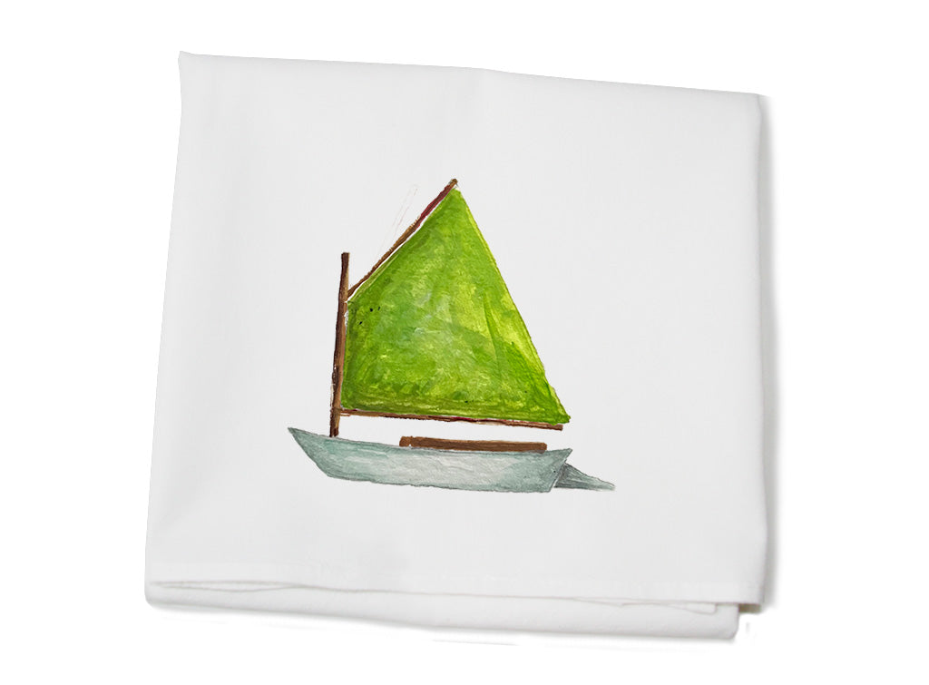 dingy with green sail flour sack towel