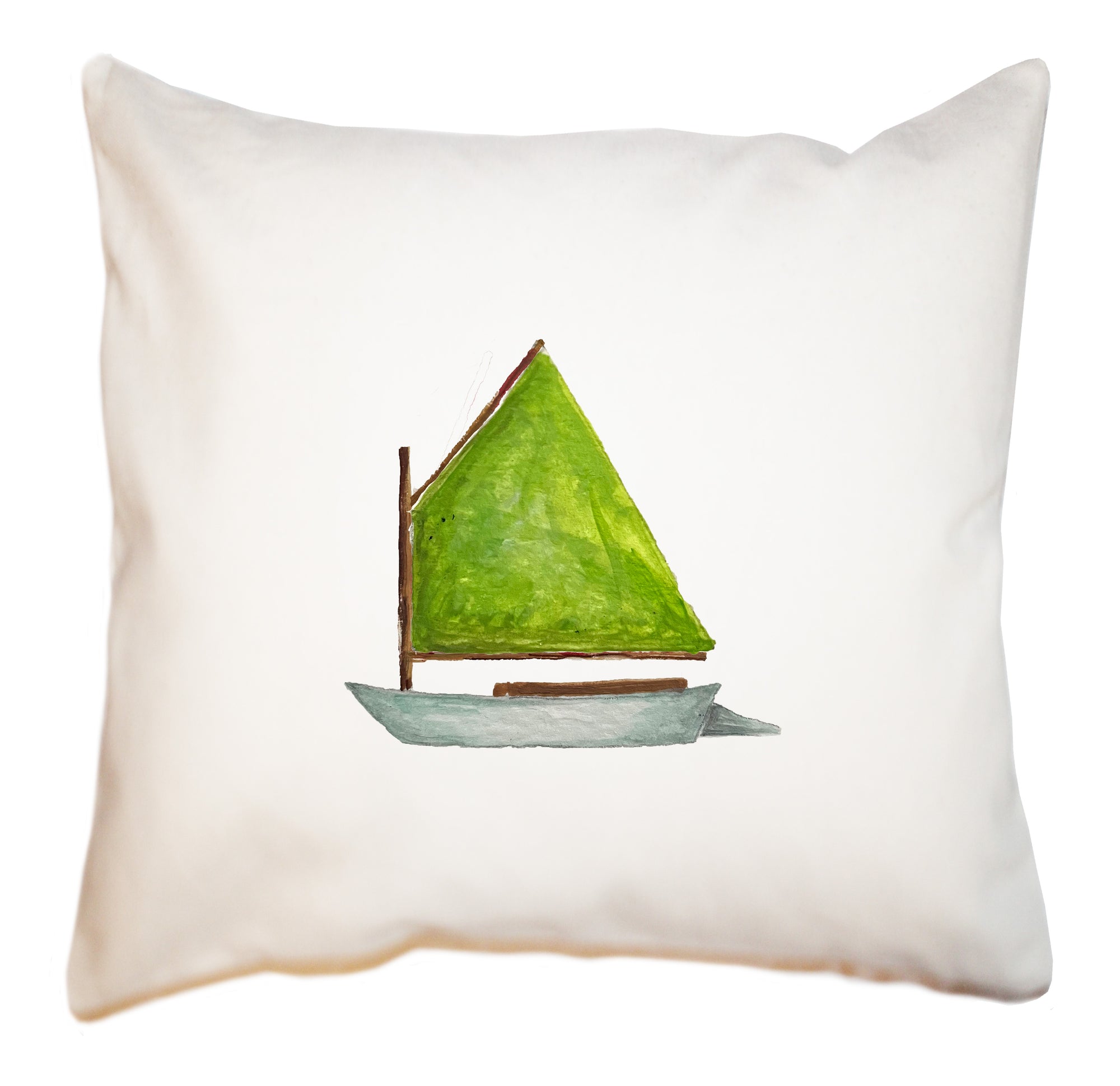 dingy with green sail square pillow