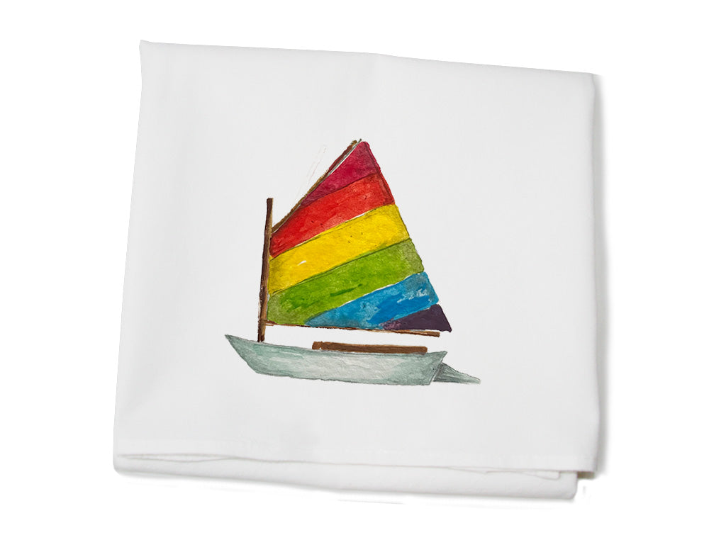 dingy with rainbow sail flour sack towel