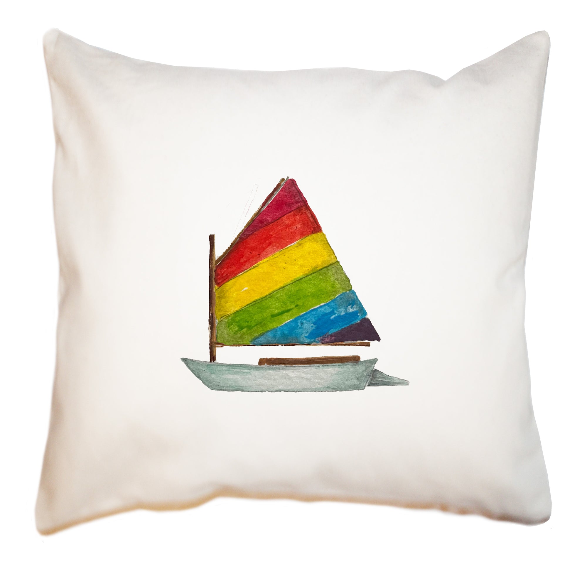 dingy with rainbow sail square pillow