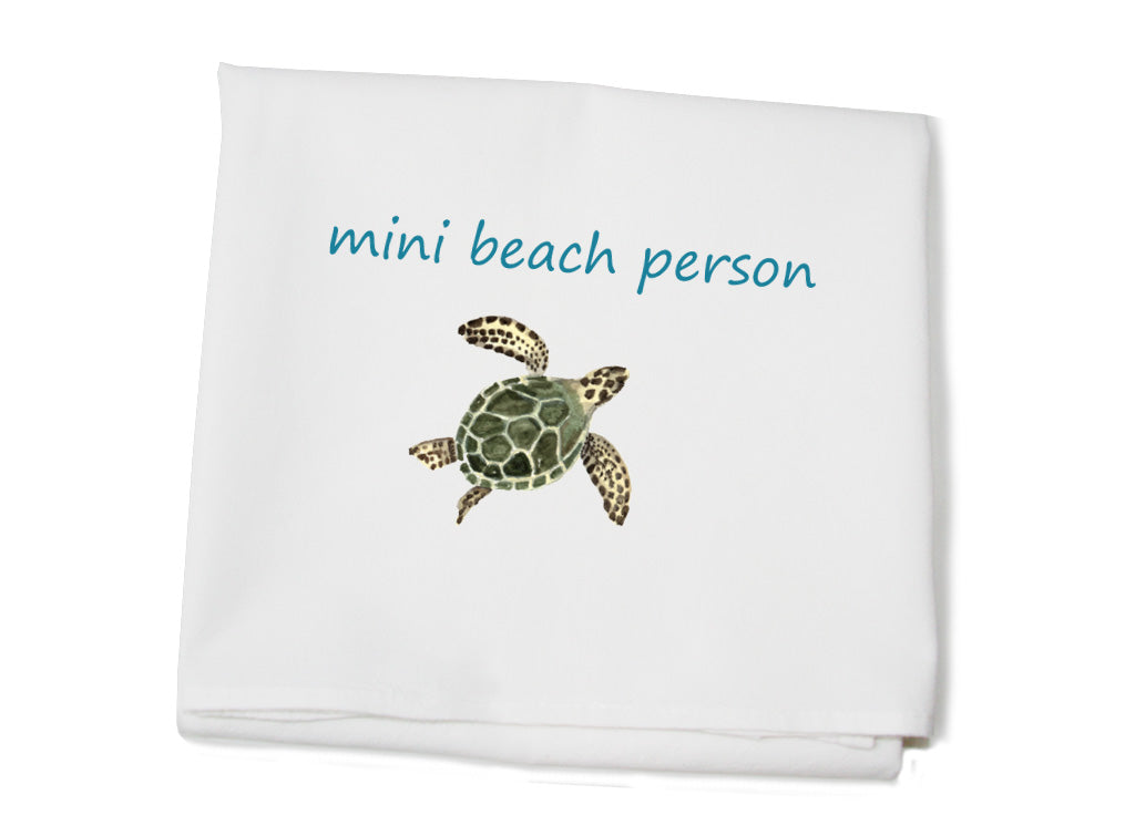 mini beach person with sea turtle flour sack towel