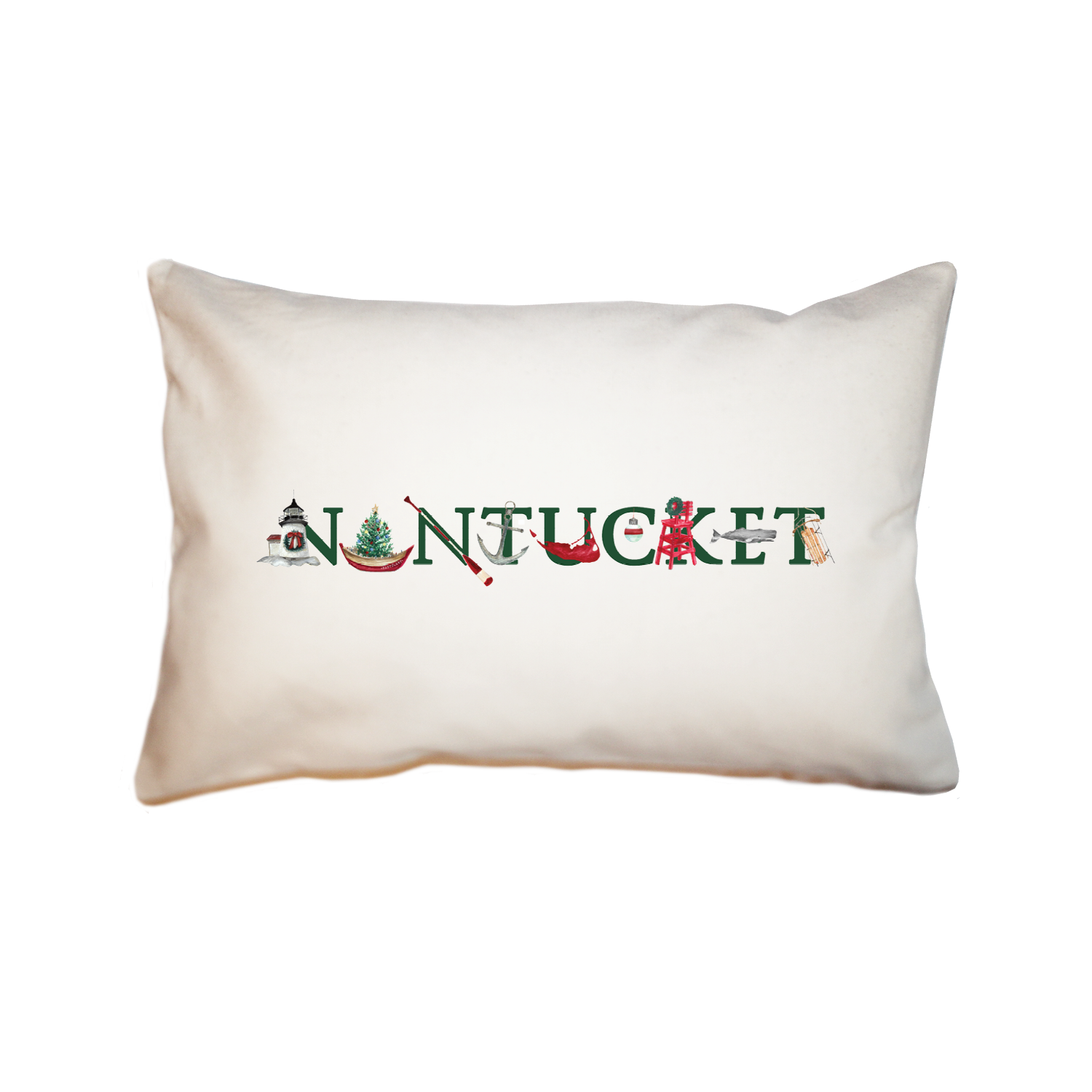 nantucket holiday with green text rectangle pillow