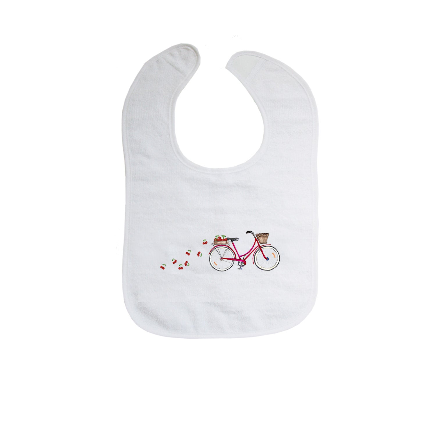 red bike with cherries bib