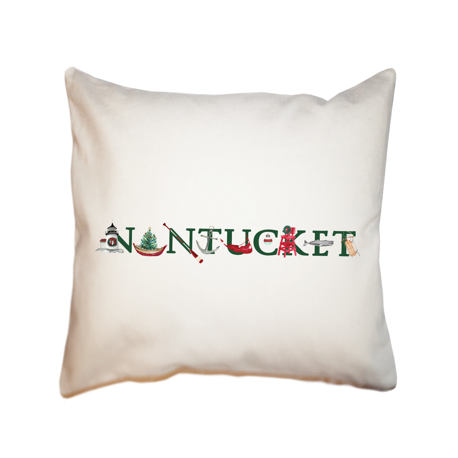 nantucket holiday with green text square pillow
