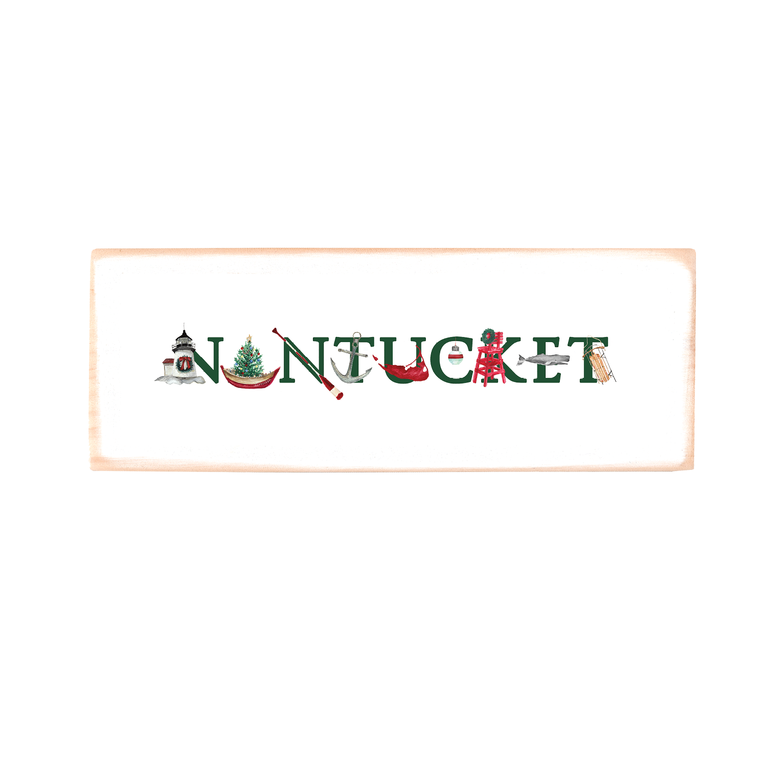 nantucket holiday with green text wood block rectangle