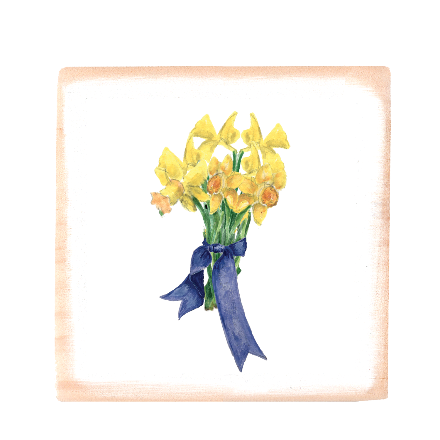 daffodils with blue ribbon wood block