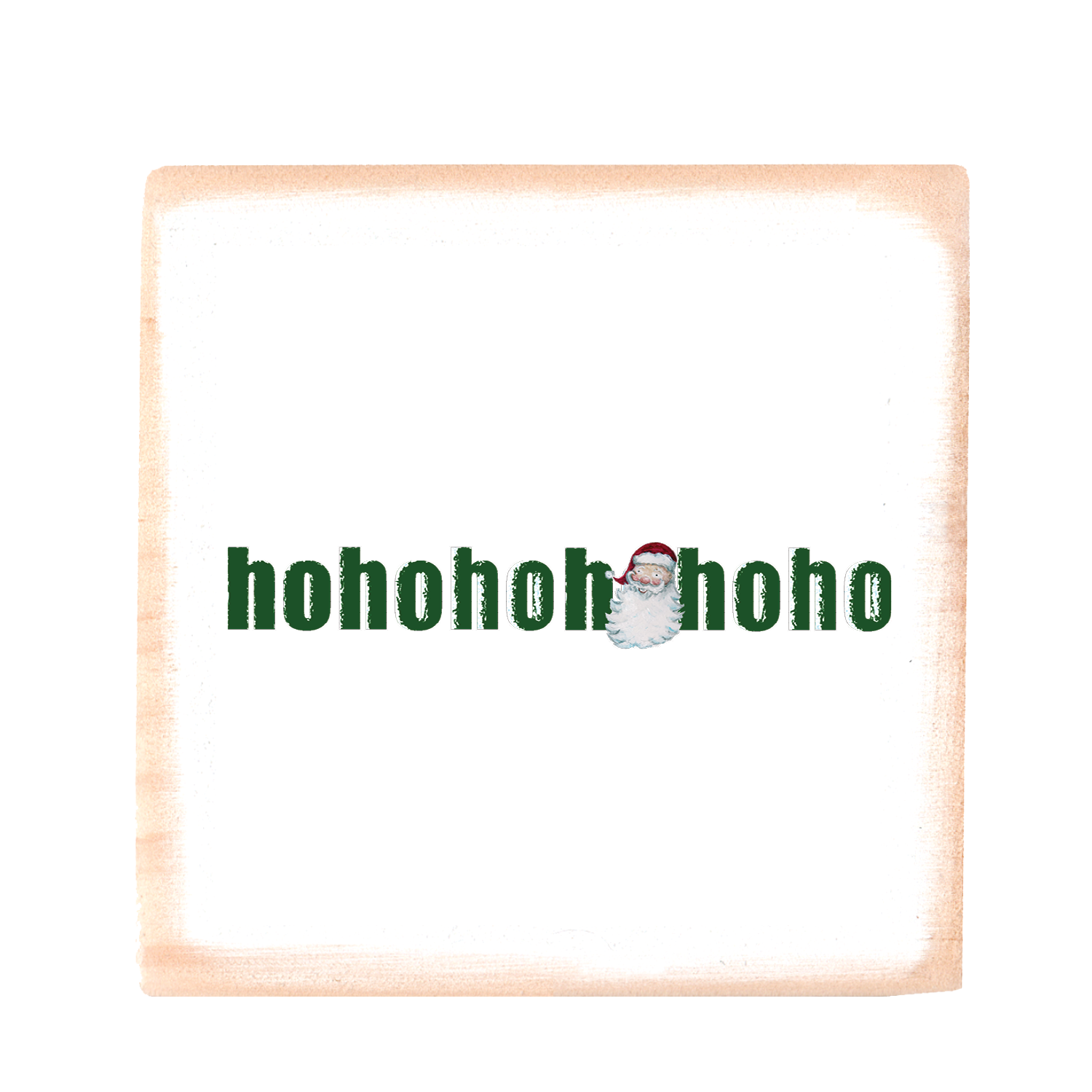 santa face ho ho ho green text wood block