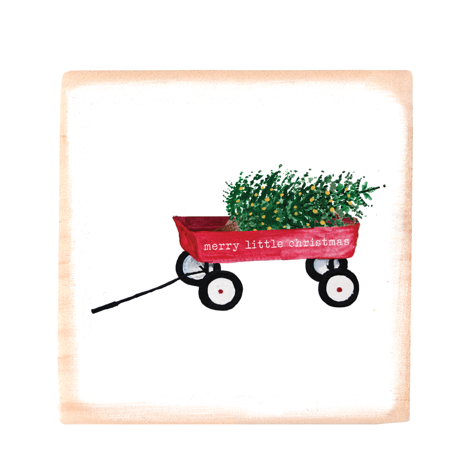 red wagon with tree and text wood block