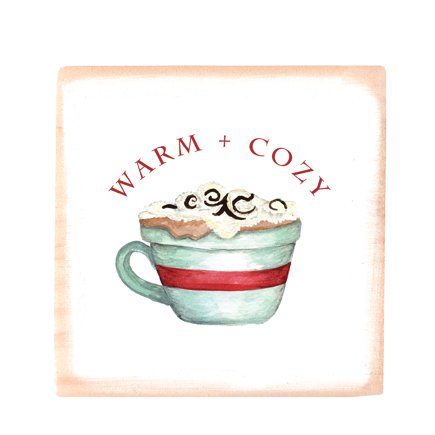 warm and cozy cocoa cup wood block
