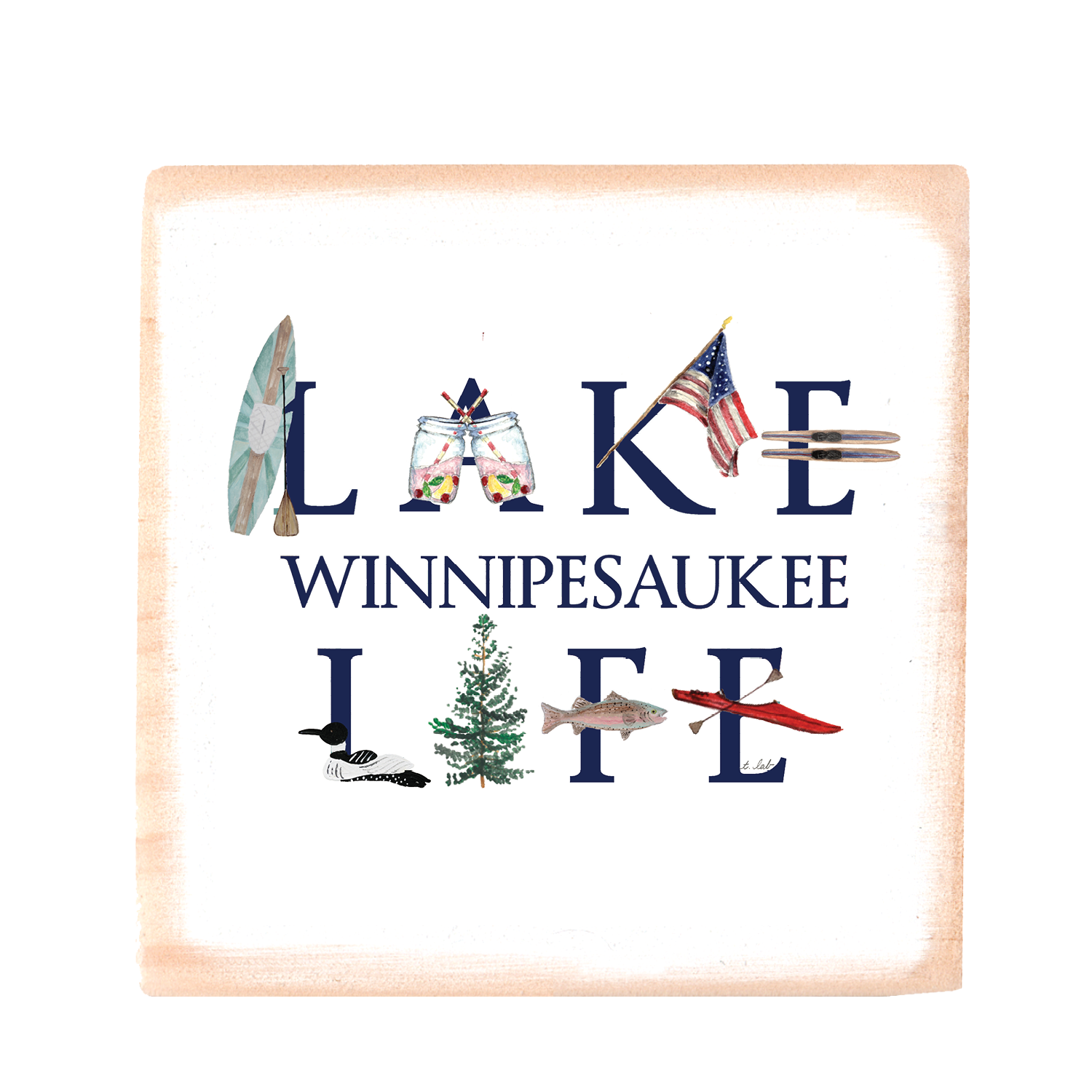 lake life winnipesauke wood block