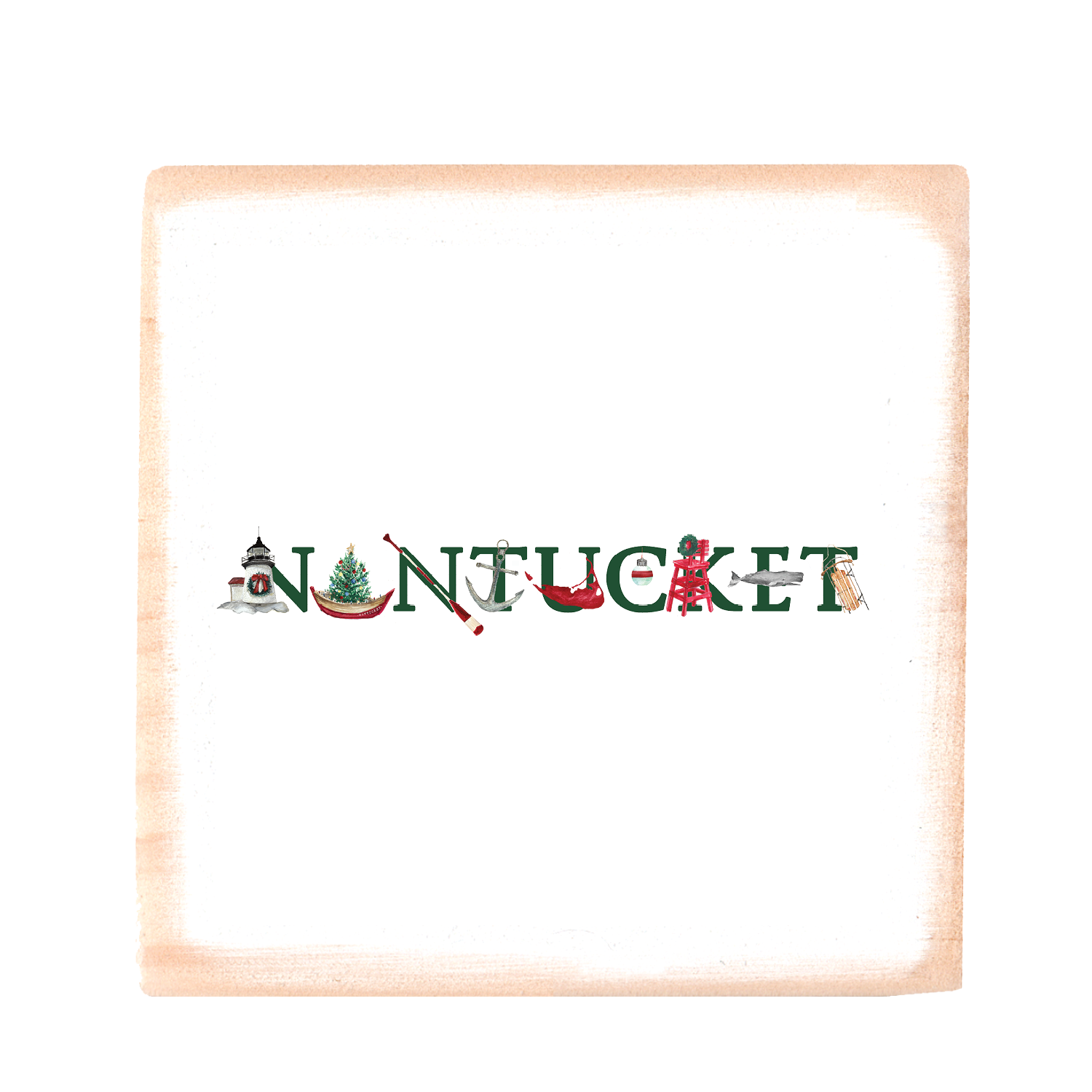 nantucket holiday with green text wood block
