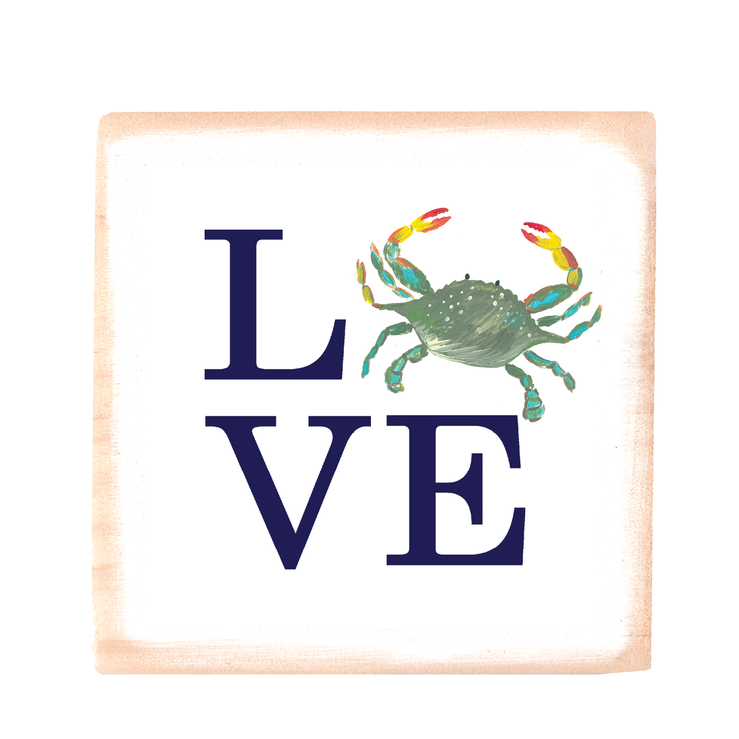 love crab with navy wood block