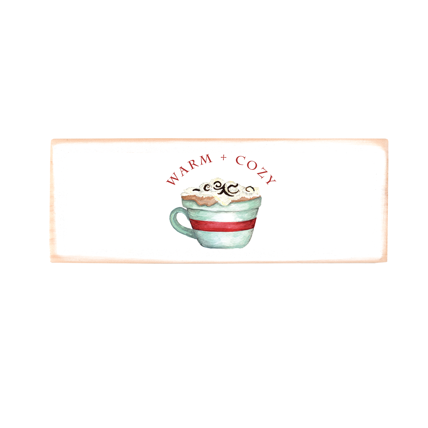warm and cozy cocoa cup wood block rectangle