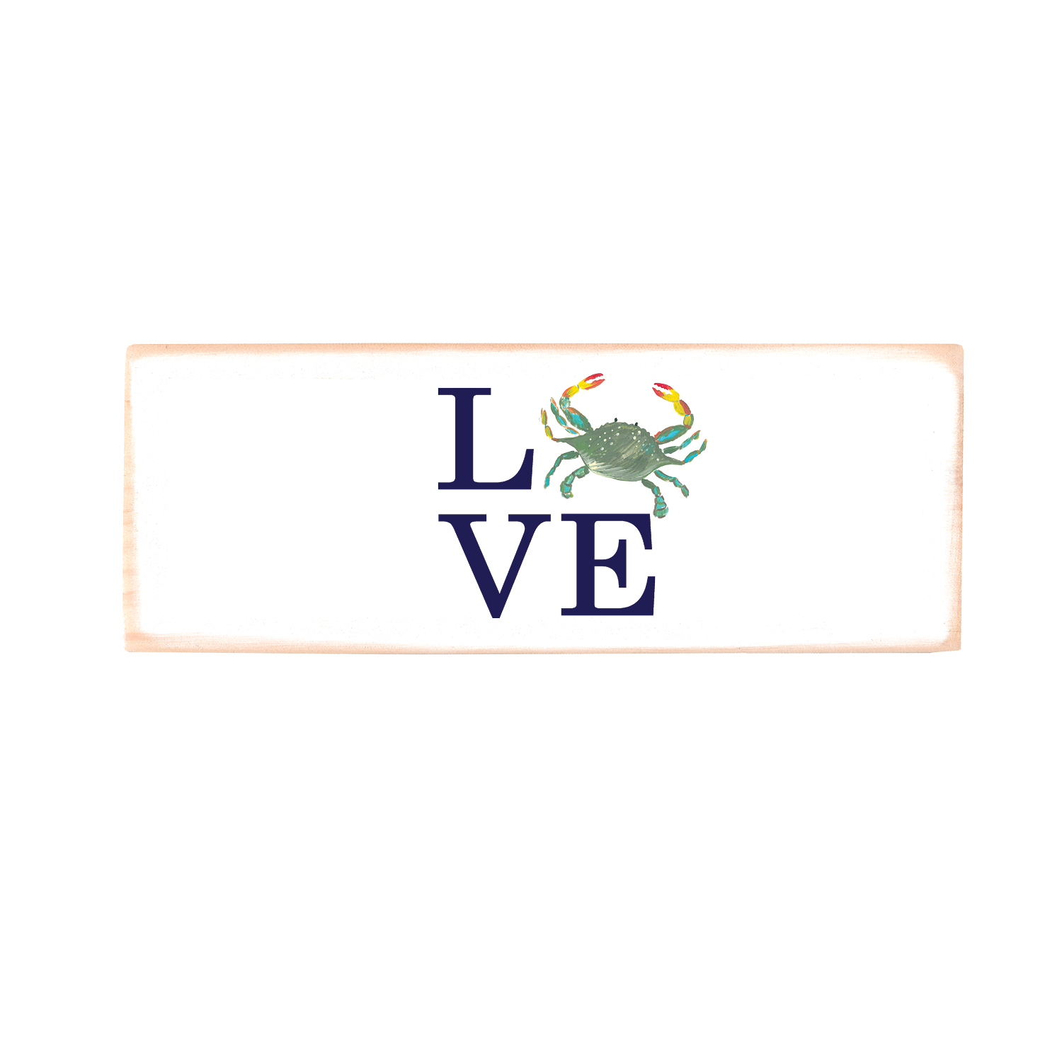 love crab with navy wood block rectangle